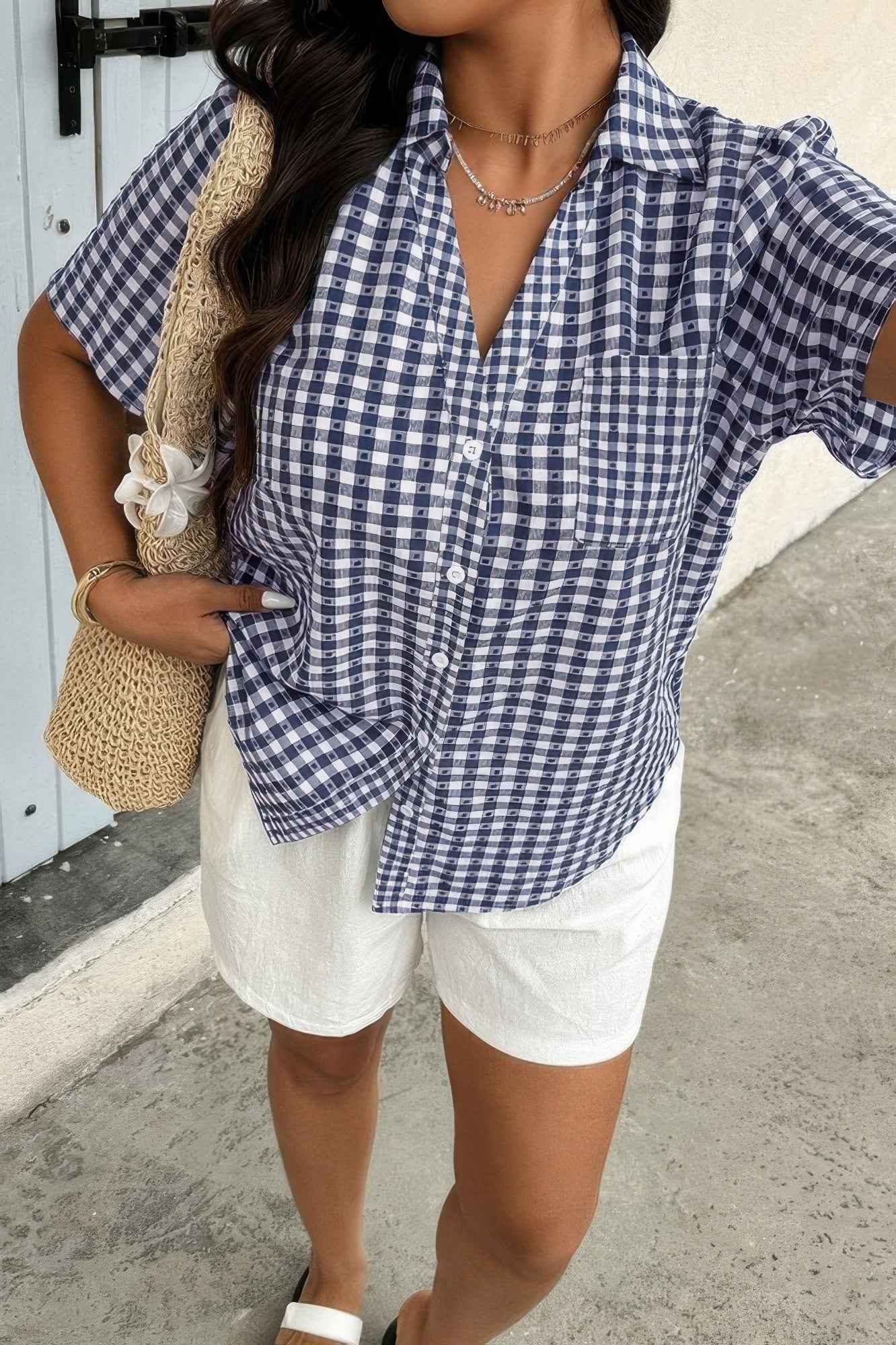 Plus Size Plaid Pocket Short Sleeve Loose Blouse Plus Size Plaid Pocket Short Sleeve Loose Blouse