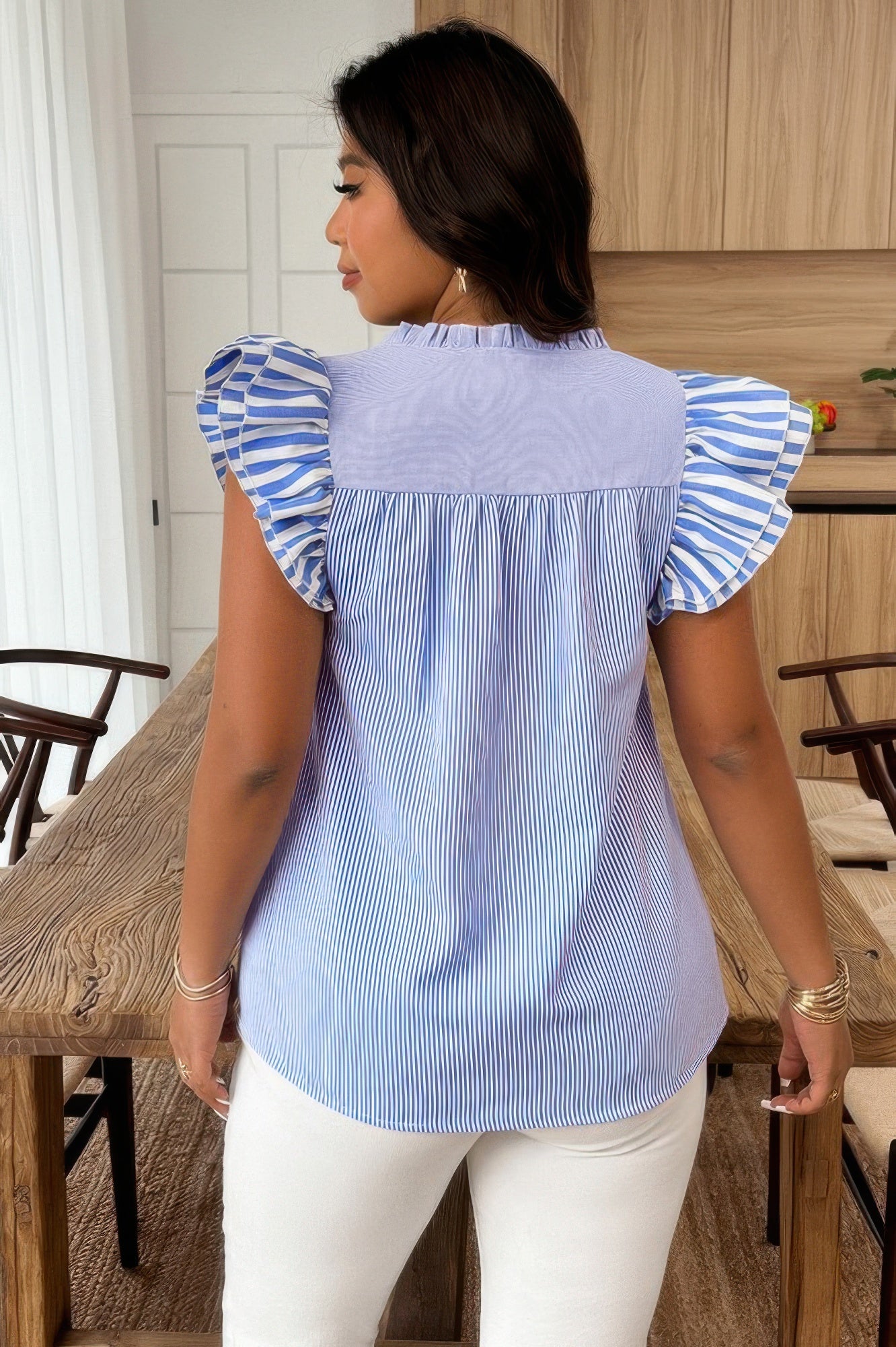 Plus Size Striped V Neck Flutter Sleeve Blouse product image