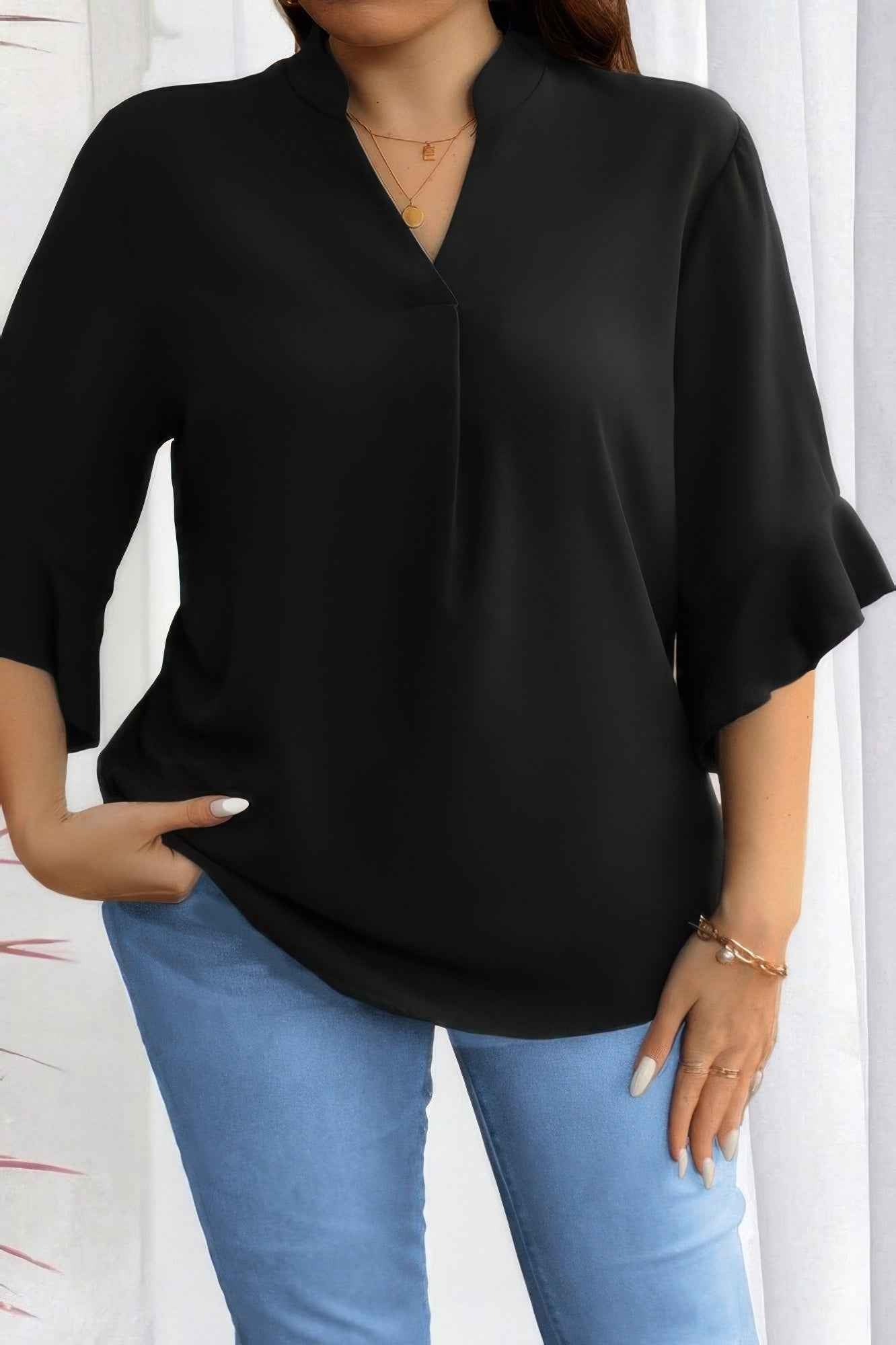 Plus V Neck Ruffle Half Sleeves Loose Blouse Plus V Neck Ruffle Half Sleeves Loose Blouse