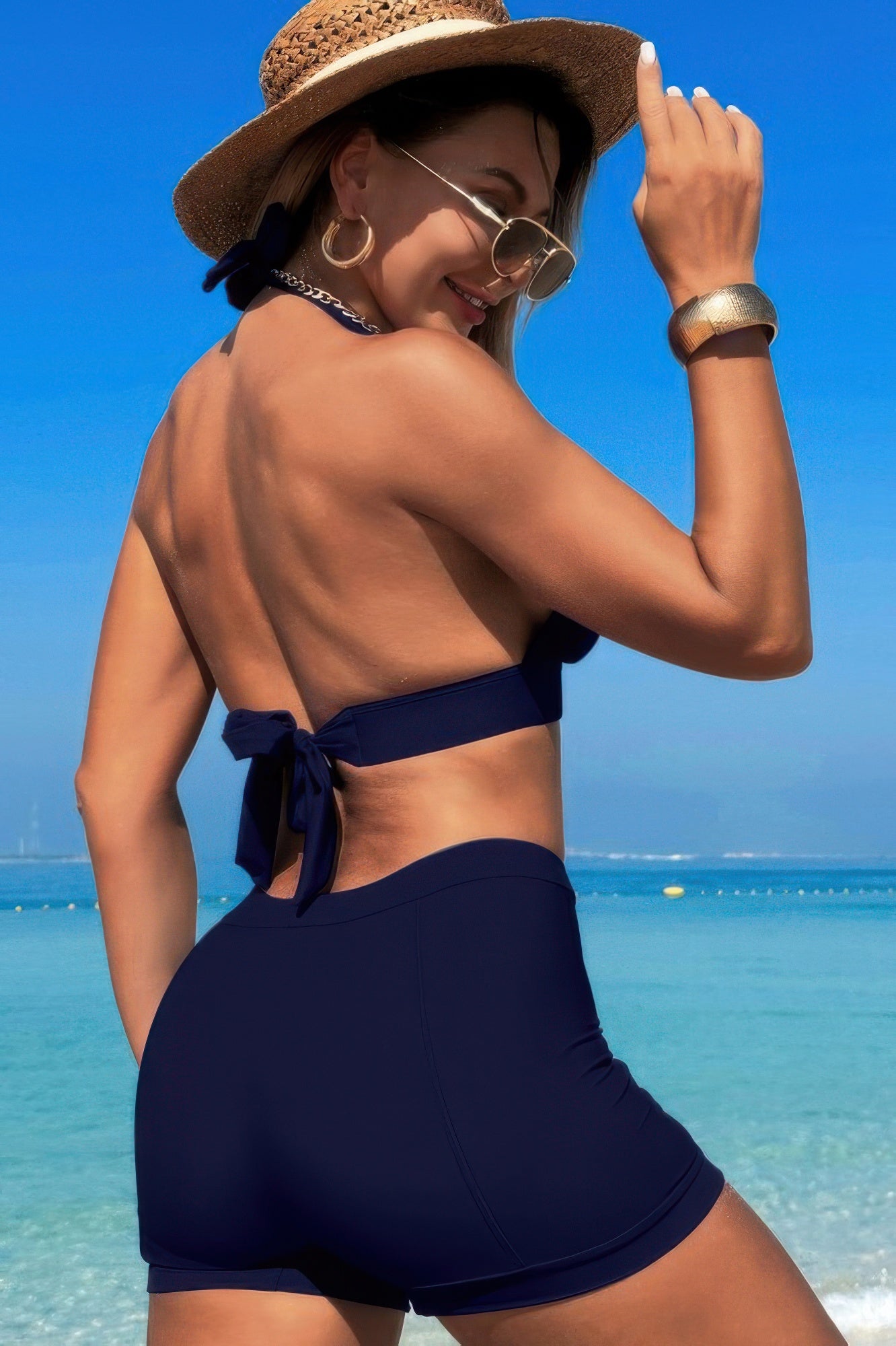 Two Pieces Solid Halter V Neck High Waist Swimsuit product image