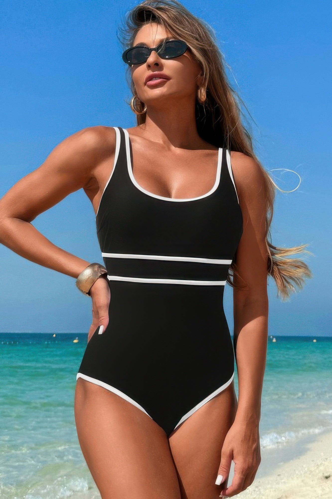 U Neck Contrast Trim Strip One Piece Swimsuit product image