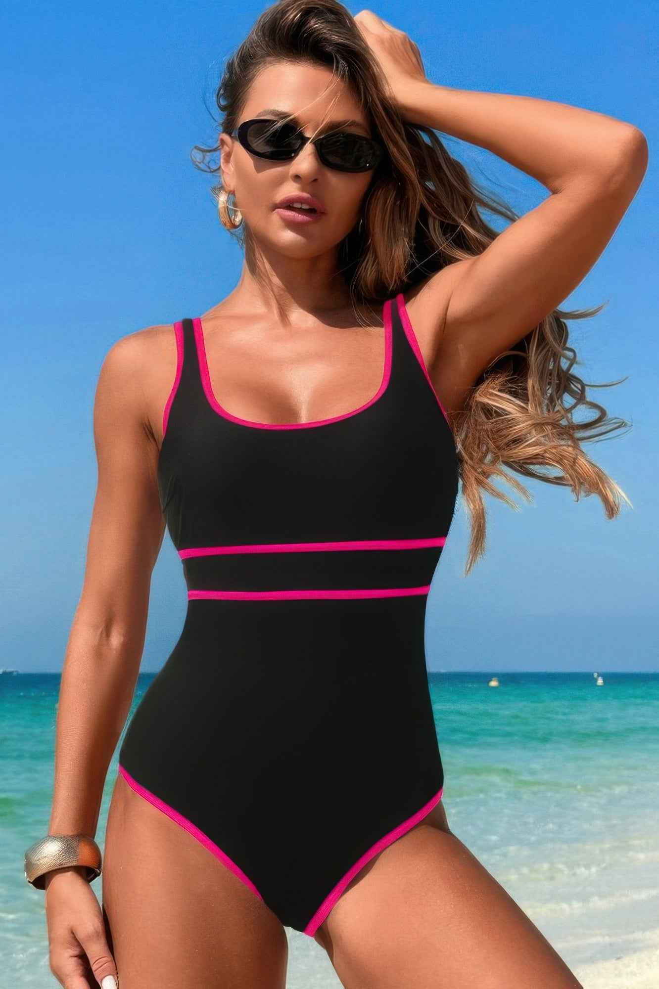 U Neck Contrast Trim Strip One Piece Swimsuit U Neck Contrast Trim Strip One Piece Swimsuit