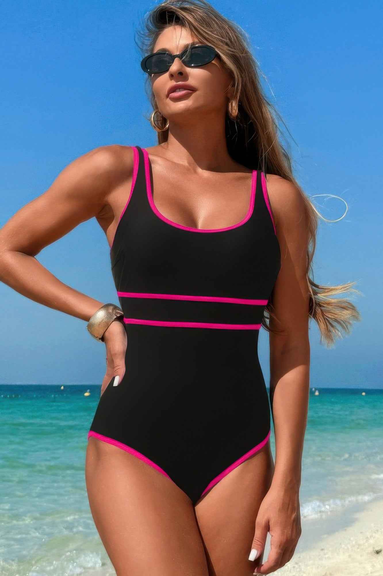 U Neck Contrast Trim Strip One Piece Swimsuit U Neck Contrast Trim Strip One Piece Swimsuit