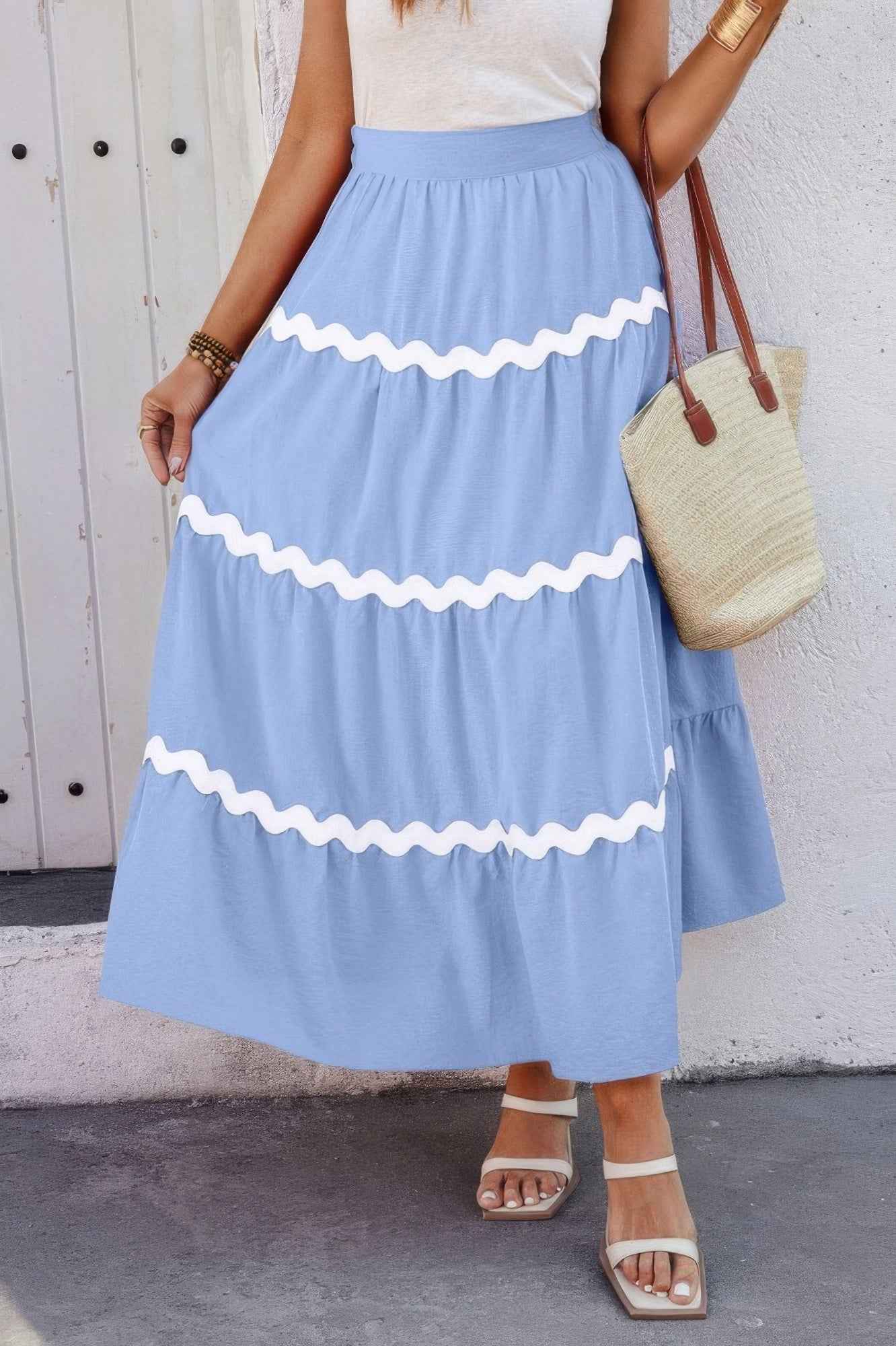 Waves Print Pleated Elastic Waist Band Skirt Waves Print Pleated Elastic Waist Band Skirt