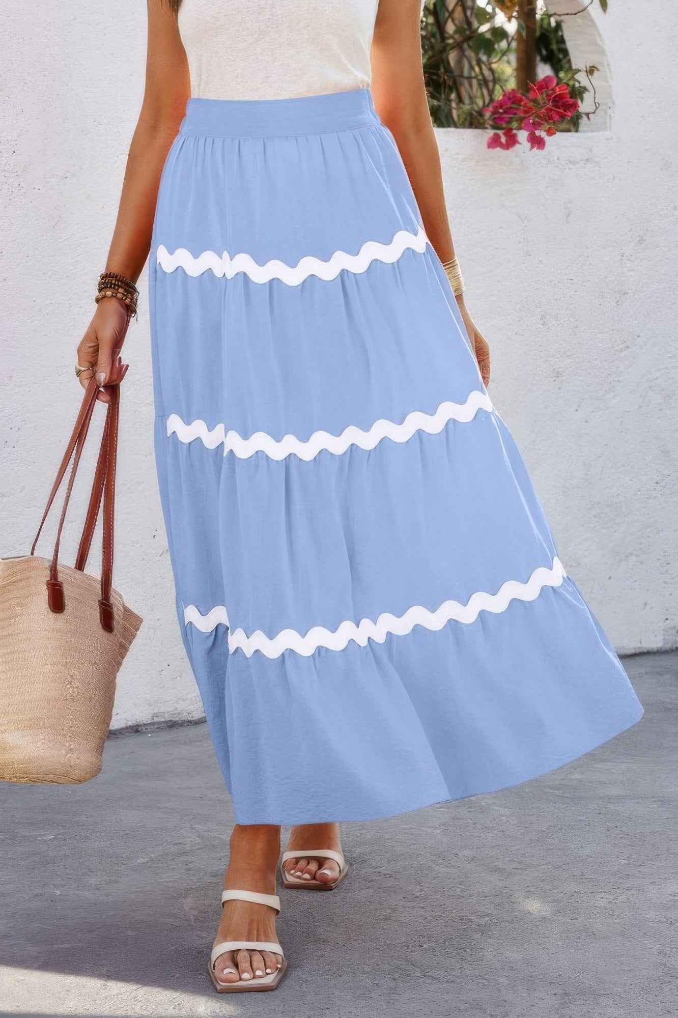 Waves Print Pleated Elastic Waist Band Skirt Waves Print Pleated Elastic Waist Band Skirt