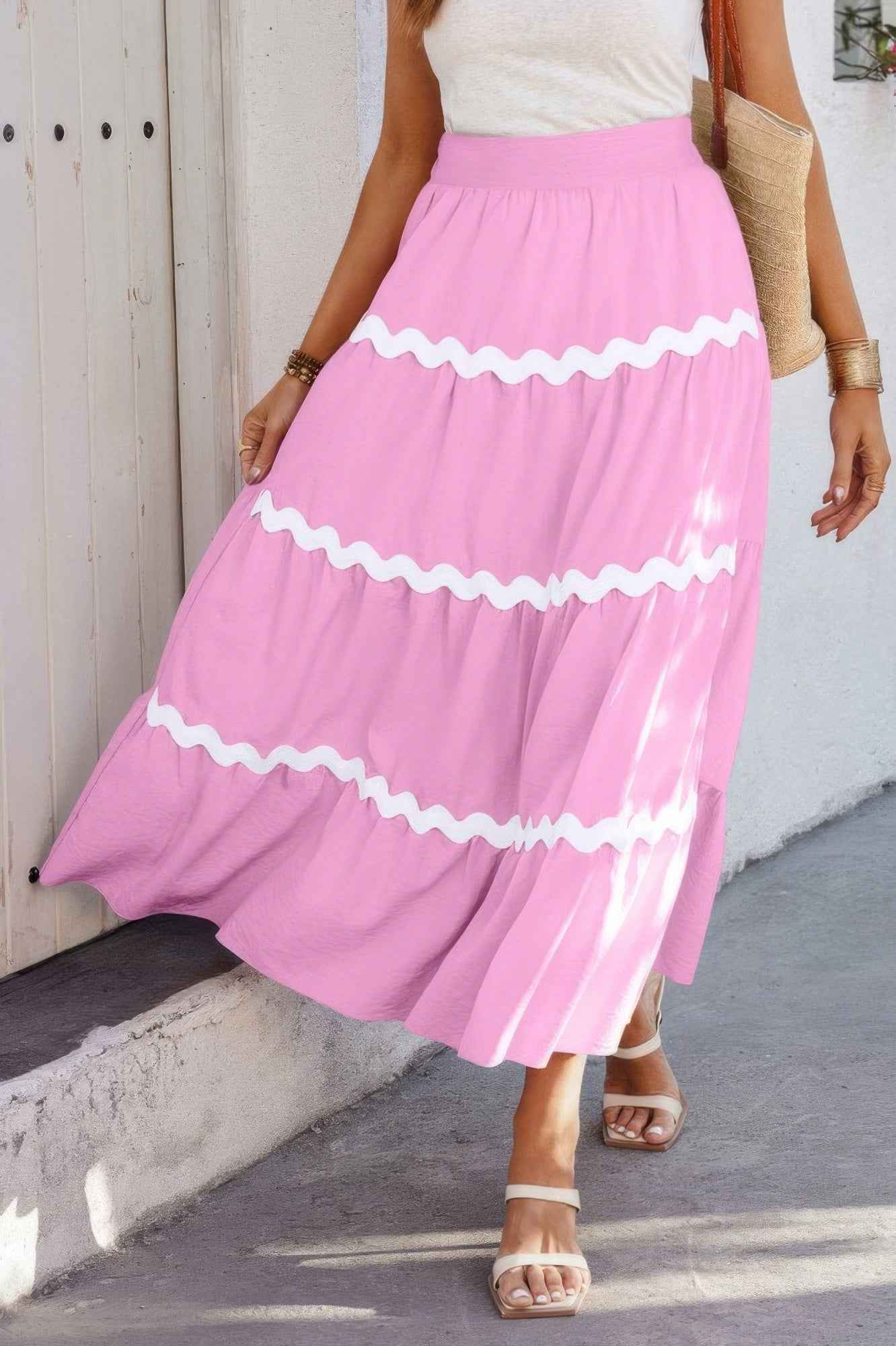 Waves Print Pleated Elastic Waist Band Skirt Waves Print Pleated Elastic Waist Band Skirt