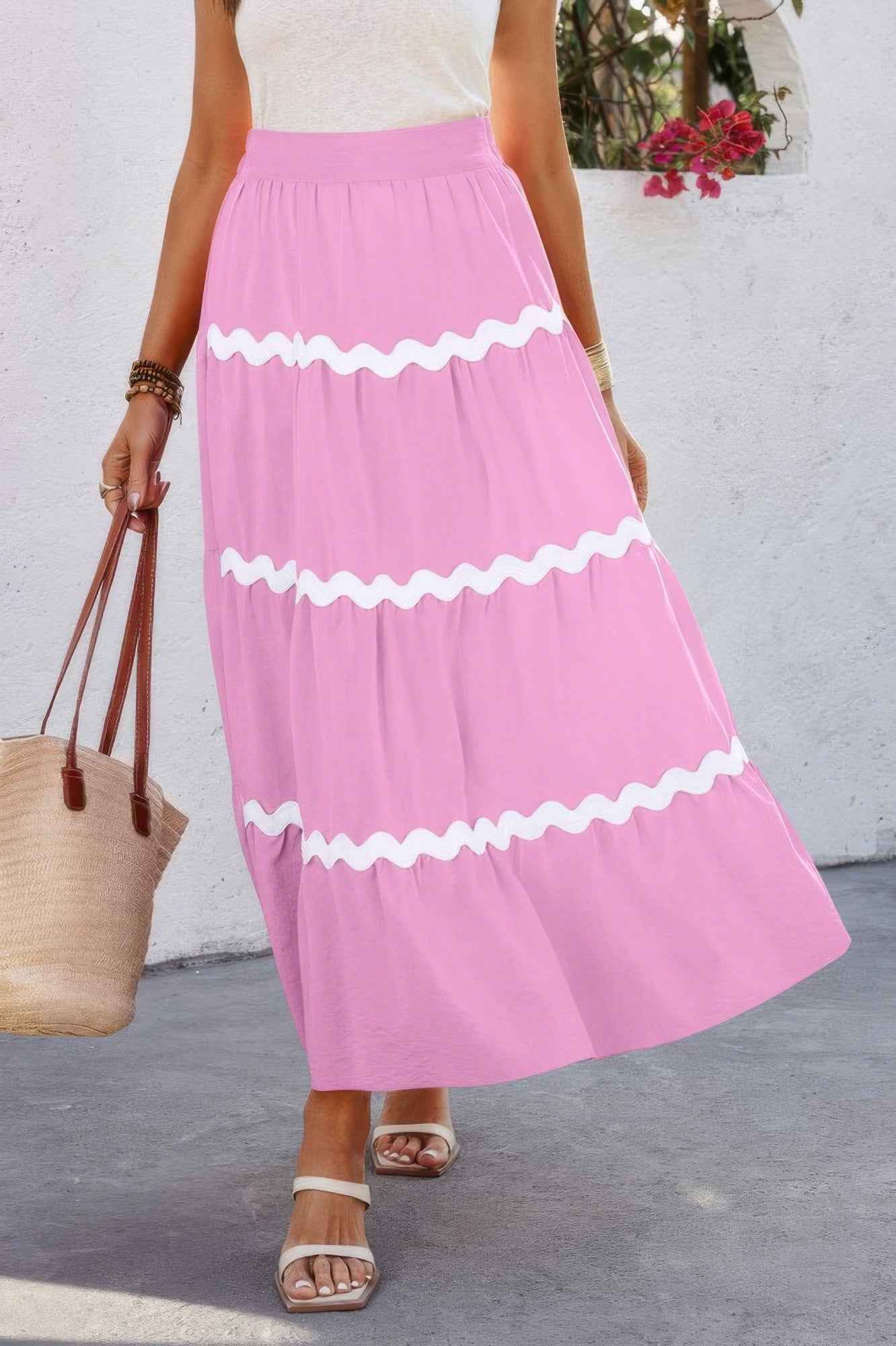 Waves Print Pleated Elastic Waist Band Skirt Waves Print Pleated Elastic Waist Band Skirt