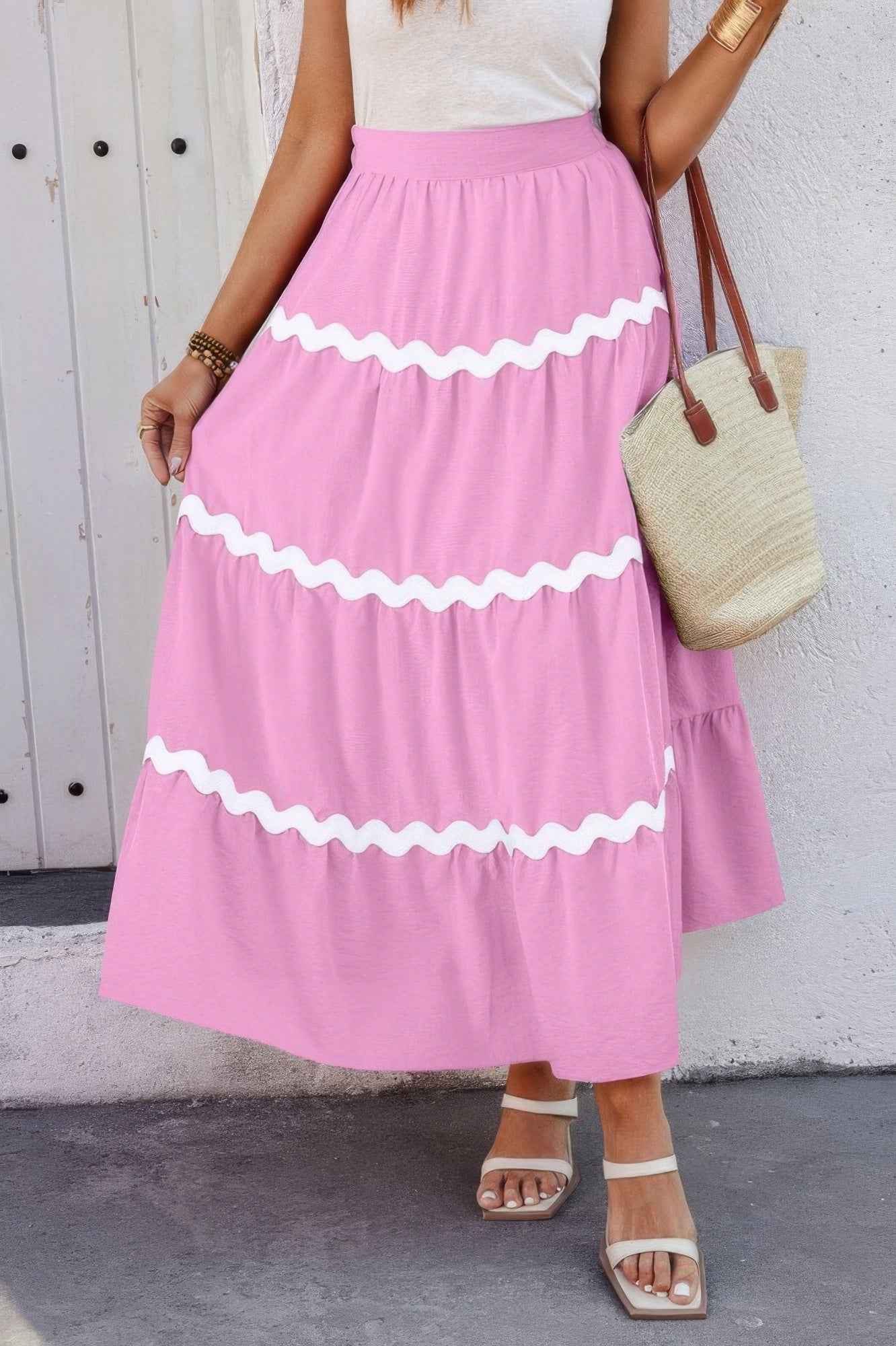 Waves Print Pleated Elastic Waist Band Skirt Waves Print Pleated Elastic Waist Band Skirt