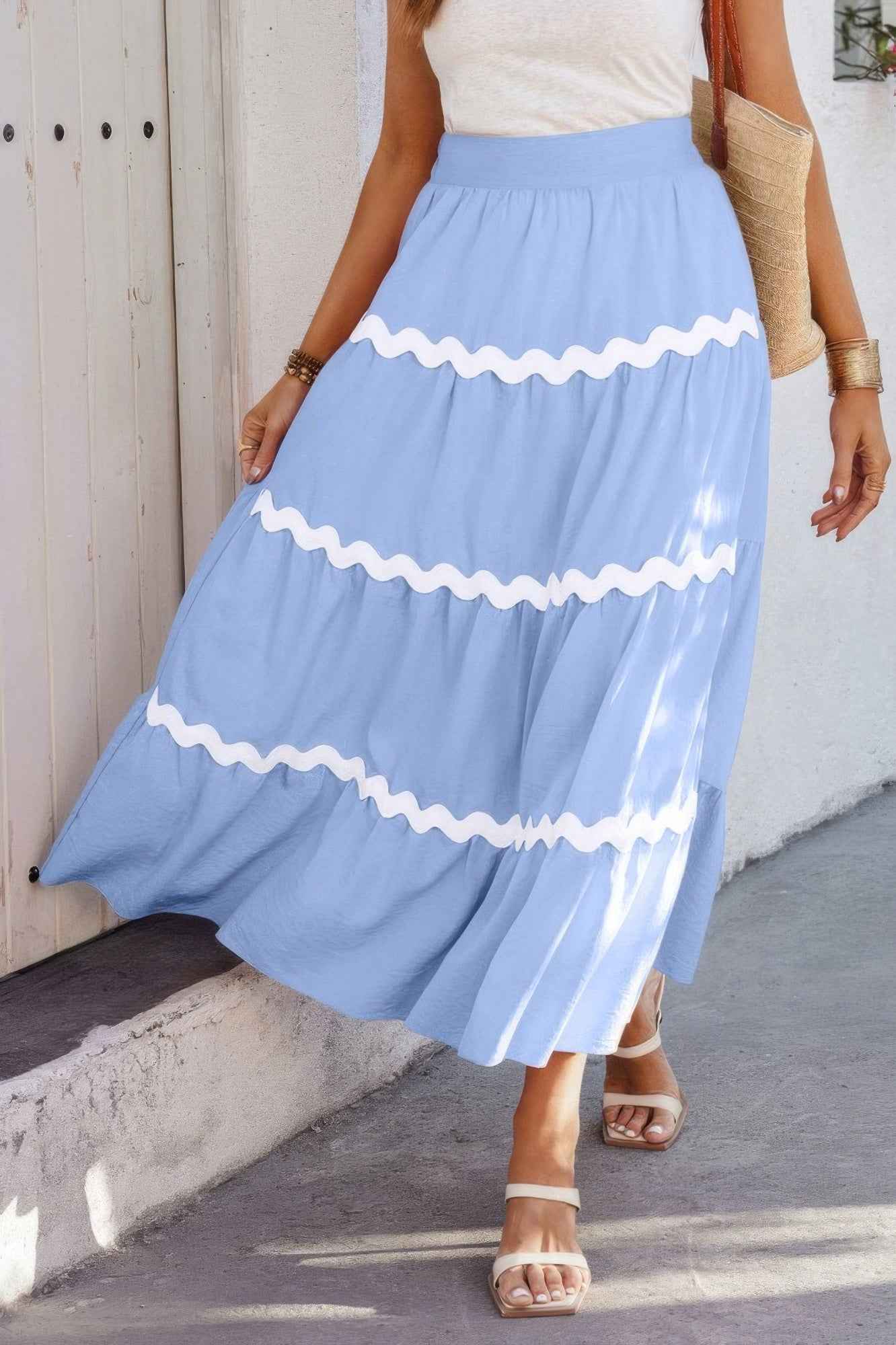 Waves Print Pleated Elastic Waist Band Skirt Waves Print Pleated Elastic Waist Band Skirt