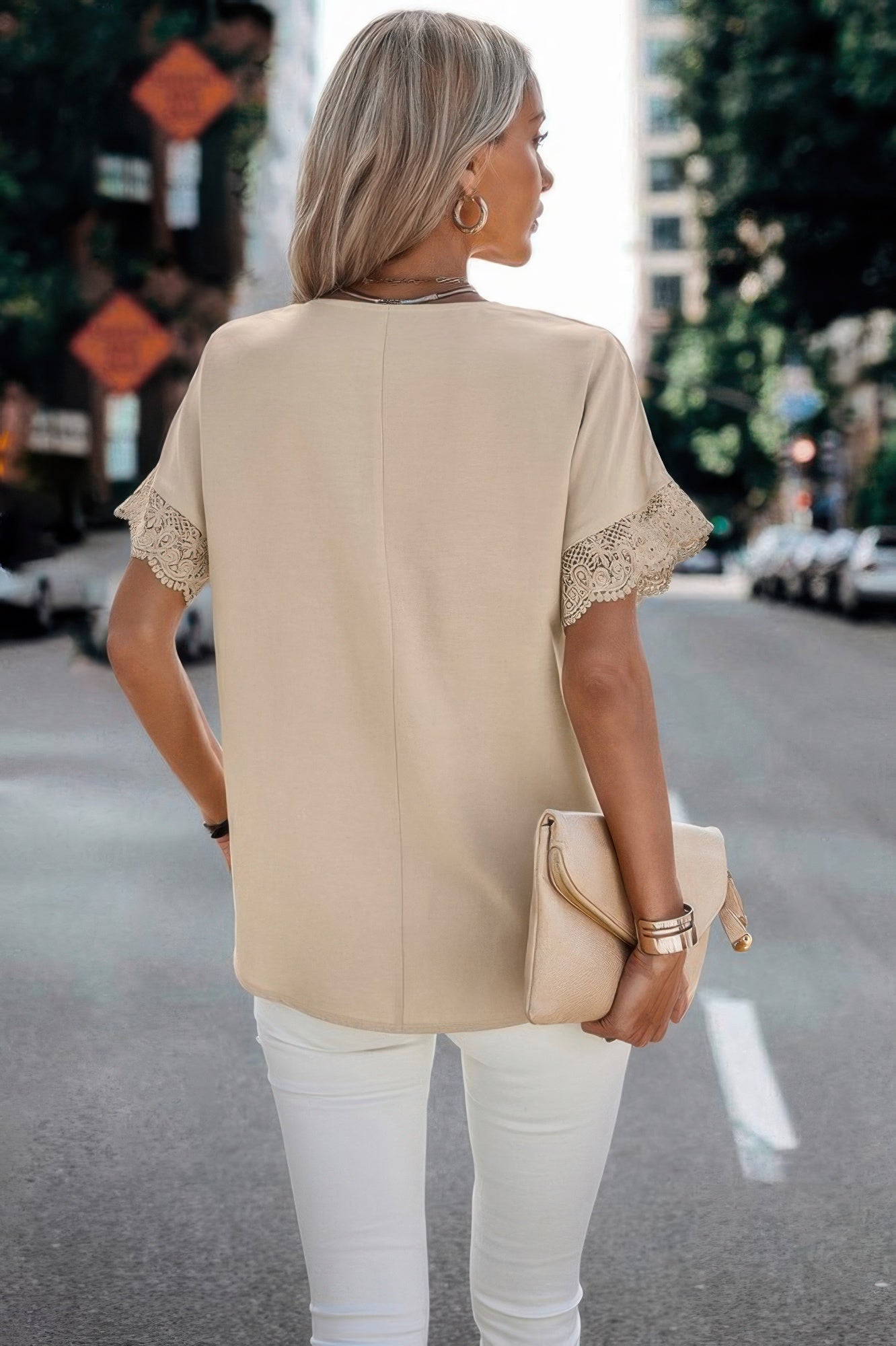 Color Block Lace Sleeve V Neck Solid Loose Fit Blouse product image