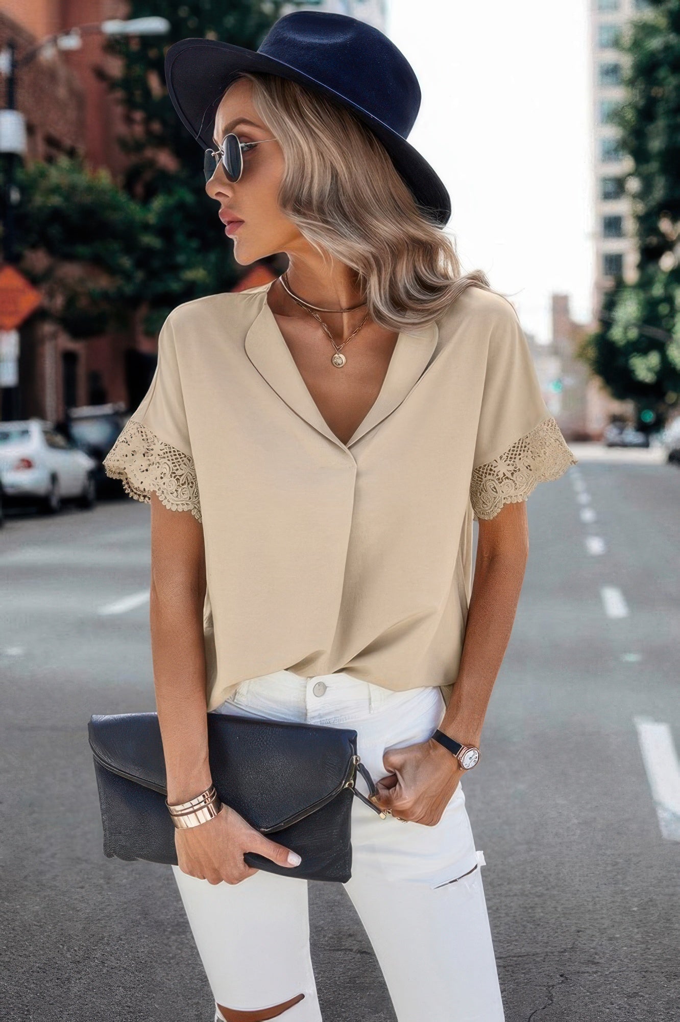 Color Block Lace Sleeve V Neck Solid Loose Fit Blouse product image