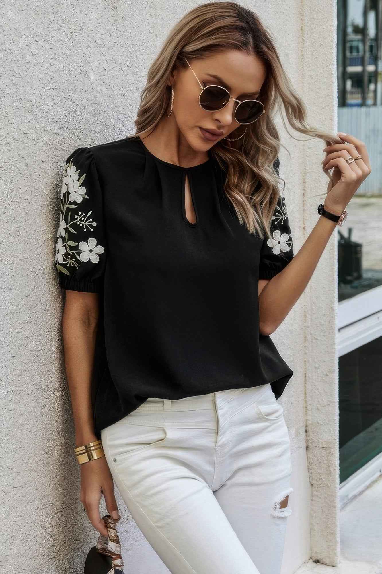 Floral Keyhole Neckline Puff Sleeve Blouse Floral Keyhole Neckline Puff Sleeve Blouse