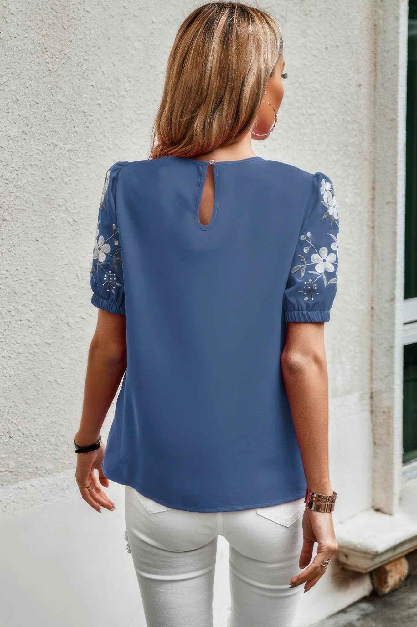 Floral Keyhole Neckline Puff Sleeve Blouse Floral Keyhole Neckline Puff Sleeve Blouse