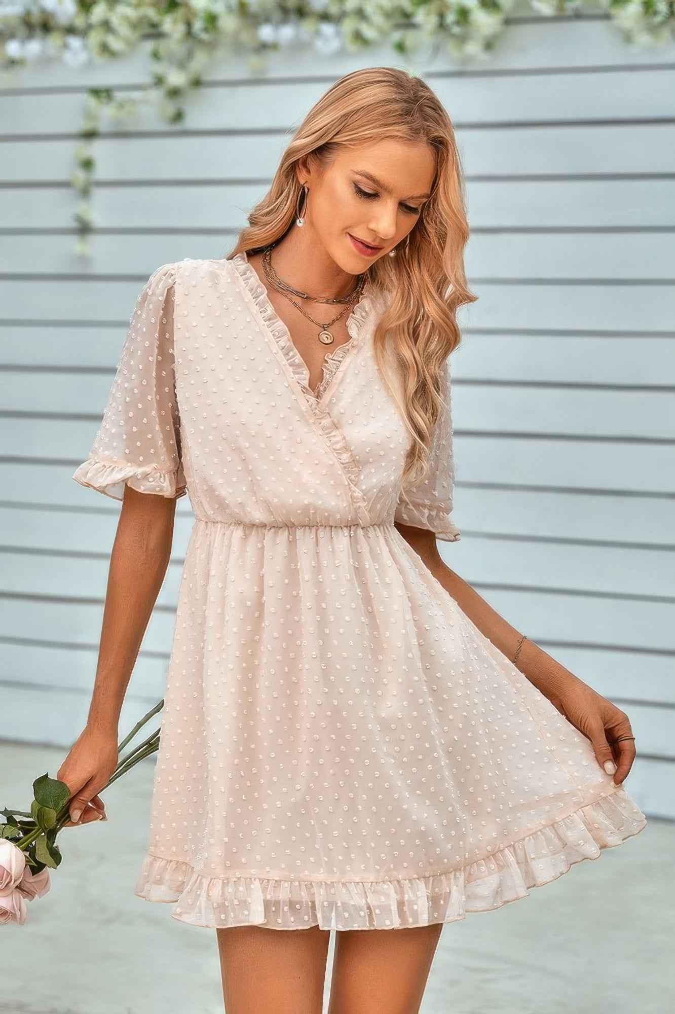 Swiss Dot Frill Trim Puff Sleeve Surplice Dress Swiss Dot Frill Trim Puff Sleeve Surplice Dress