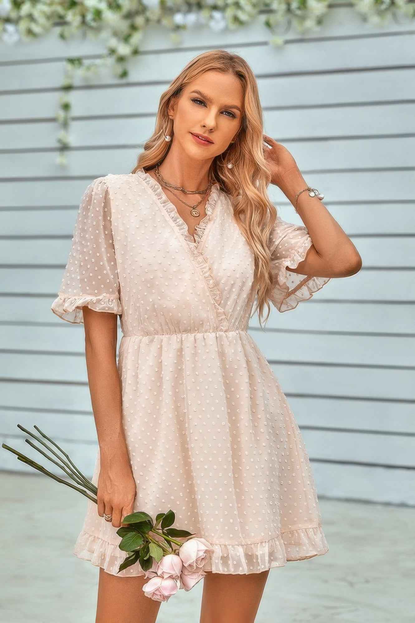 Swiss Dot Frill Trim Puff Sleeve Surplice Dress Swiss Dot Frill Trim Puff Sleeve Surplice Dress
