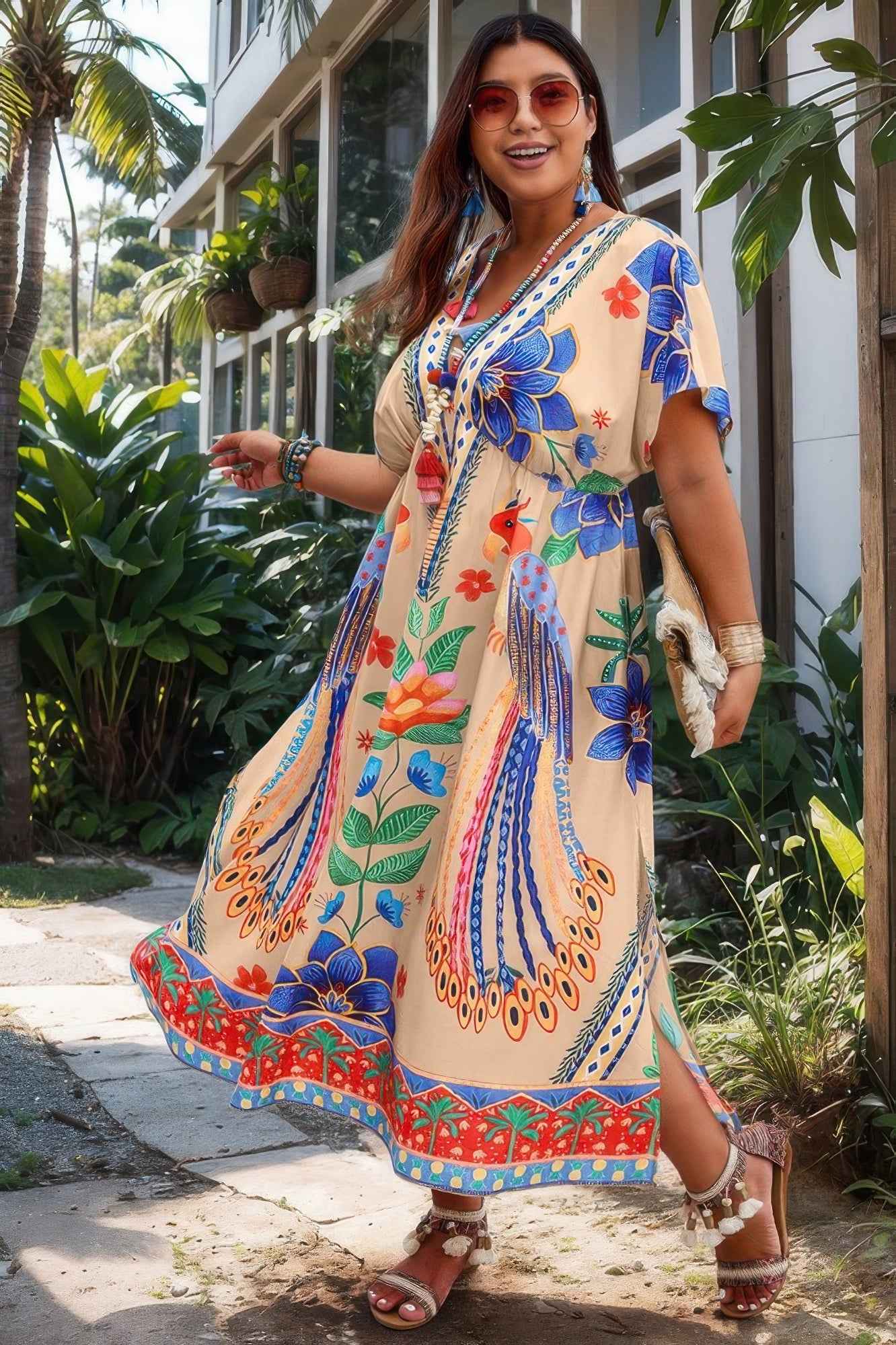 Plus Deep V Neck Allover Print High Waist Dress Plus Deep V Neck Allover Print High Waist Dress