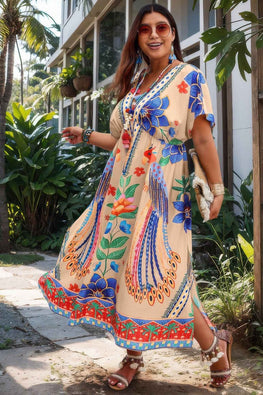 Plus Deep V Neck Allover Print High Waist Dress