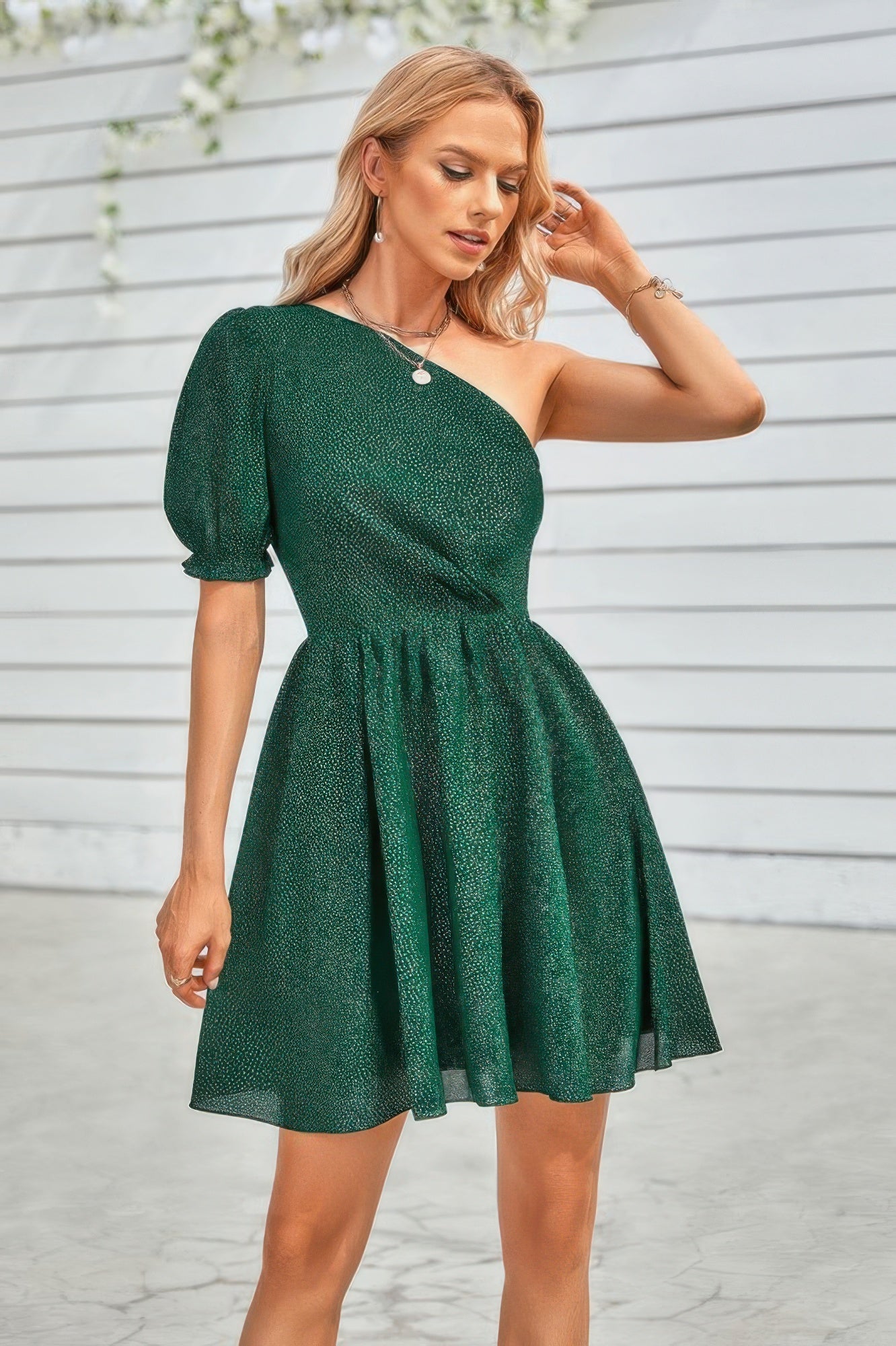 Dot Solid Puff Sleeve One Shoulder Midi Dress product image