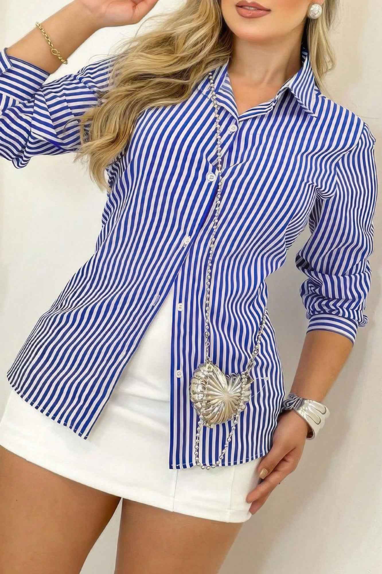 Plus Strip Button Up Fit Front Open Blouse Plus Strip Button Up Fit Front Open Blouse