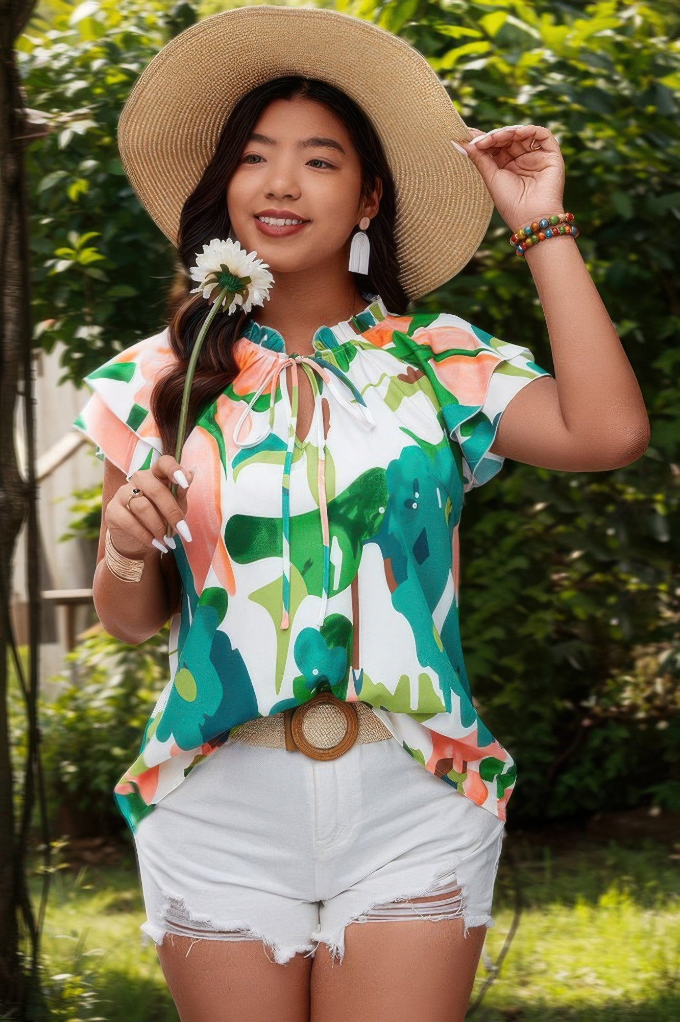 Plus Size Print Knot Neck Ruffle Fit Top product image