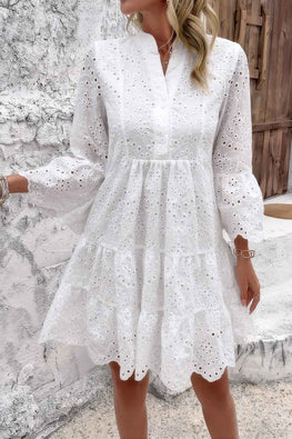 V Neck Button Flared Sleeves Hollow Out Lace Dress