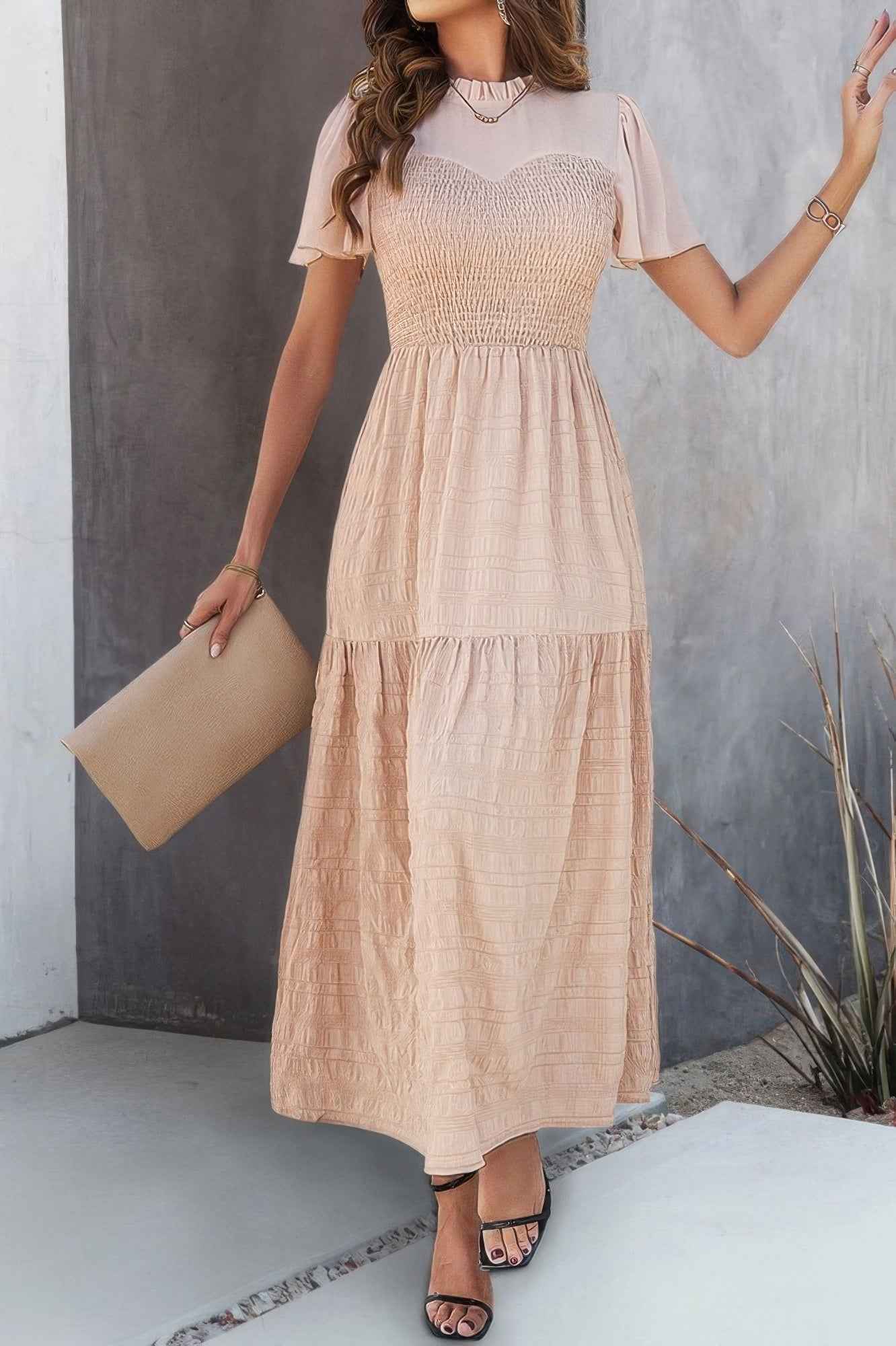 Ruffle Sleeve And Hem Top Shirred Crew Neck Dress Ruffle Sleeve And Hem Top Shirred Crew Neck Dress