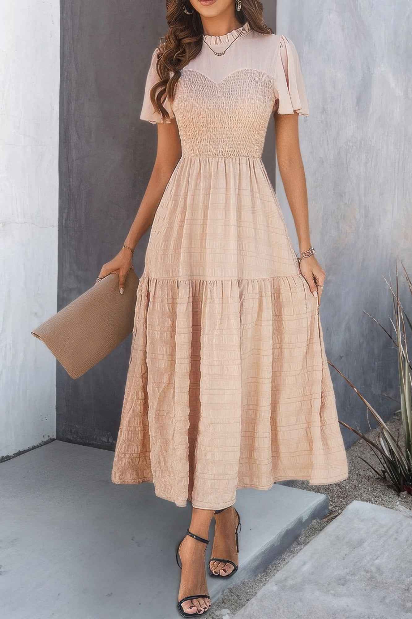 Ruffle Sleeve And Hem Top Shirred Crew Neck Dress Ruffle Sleeve And Hem Top Shirred Crew Neck Dress