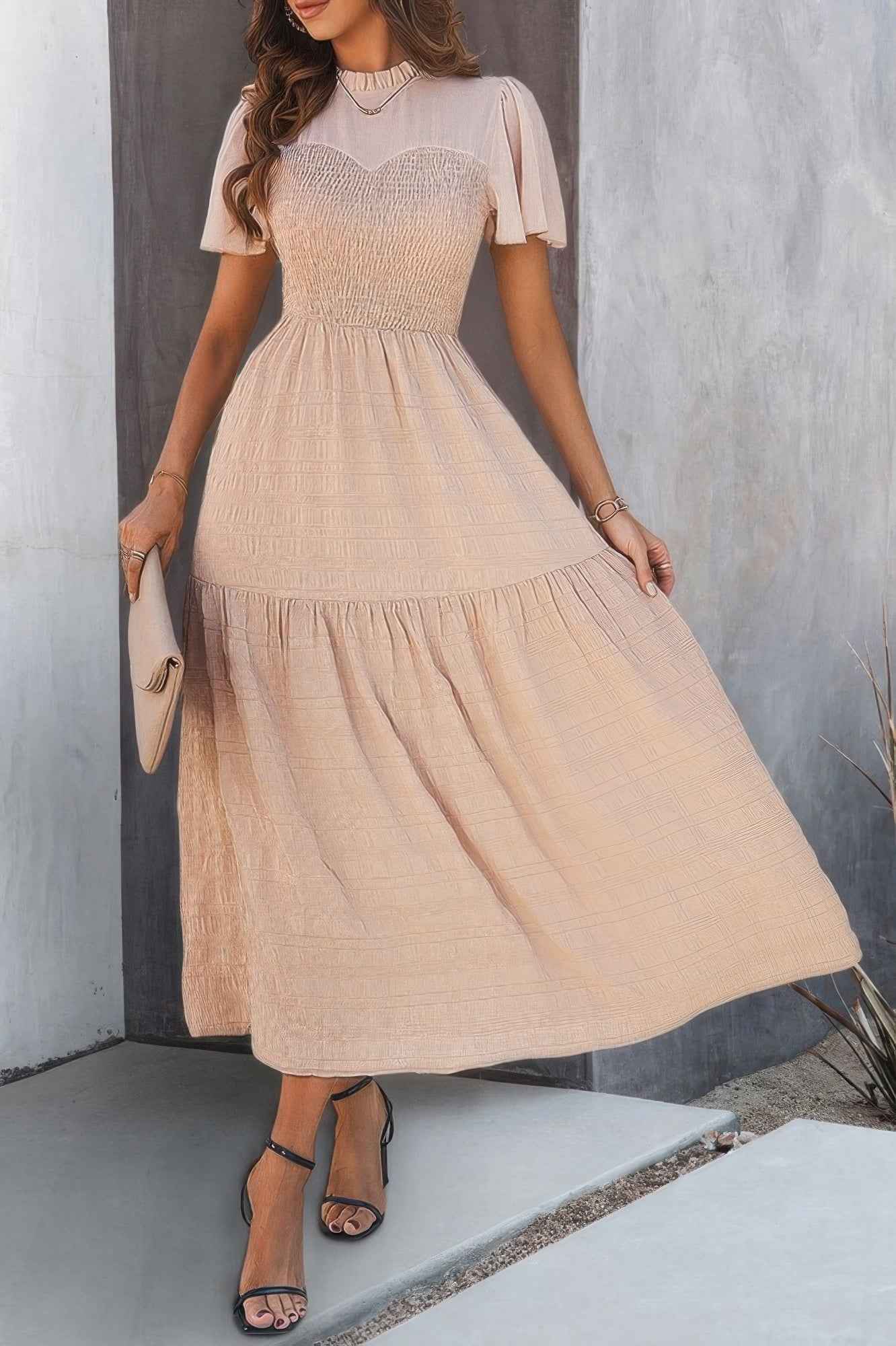 Ruffle Sleeve And Hem Top Shirred Crew Neck Dress Ruffle Sleeve And Hem Top Shirred Crew Neck Dress