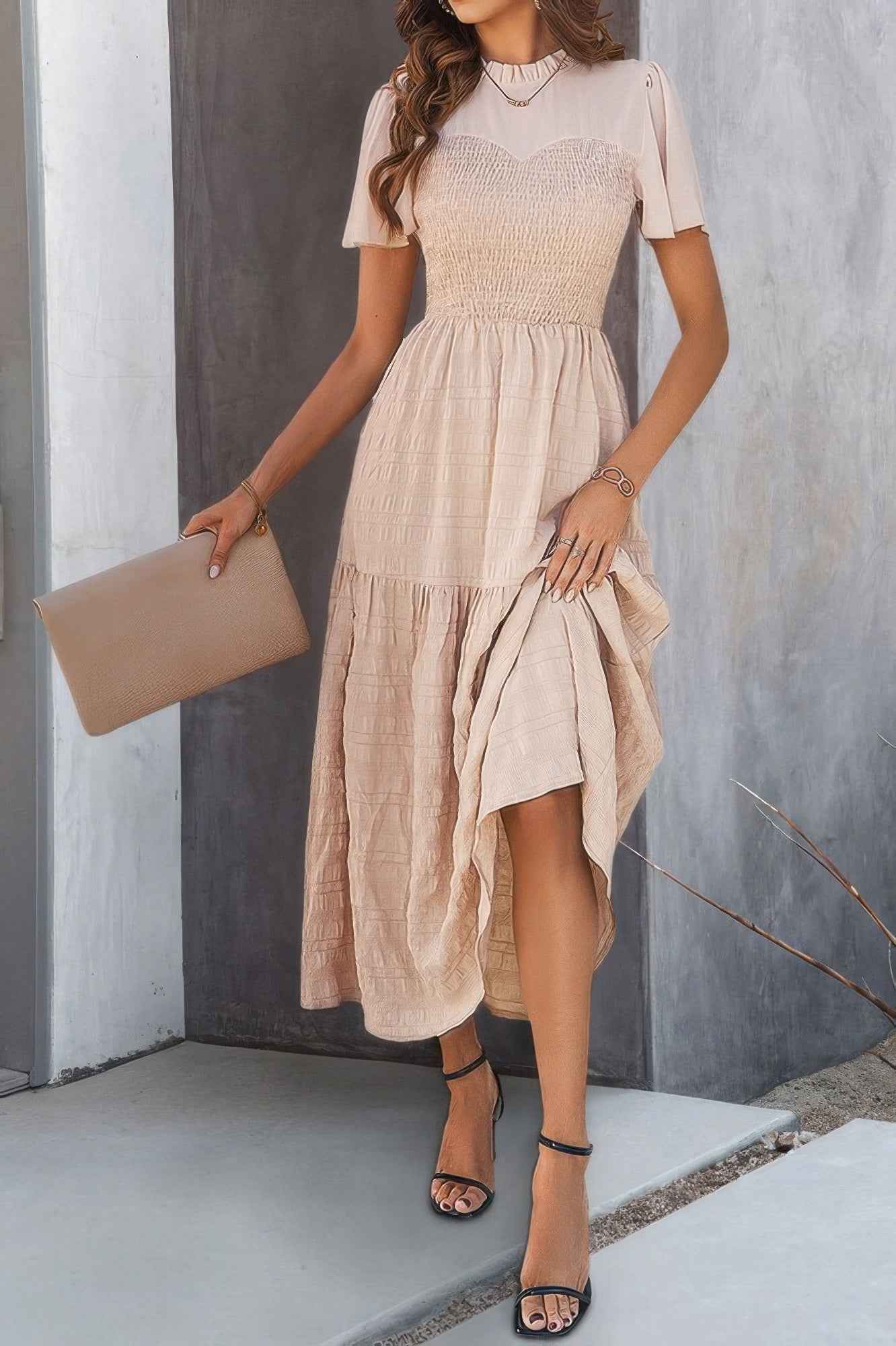 Ruffle Sleeve And Hem Top Shirred Crew Neck Dress Ruffle Sleeve And Hem Top Shirred Crew Neck Dress