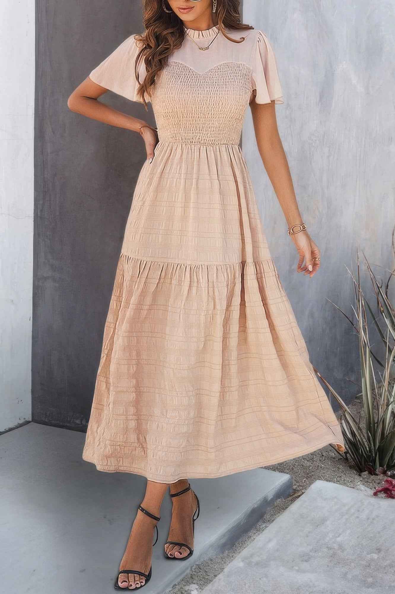 Ruffle Sleeve And Hem Top Shirred Crew Neck Dress Ruffle Sleeve And Hem Top Shirred Crew Neck Dress