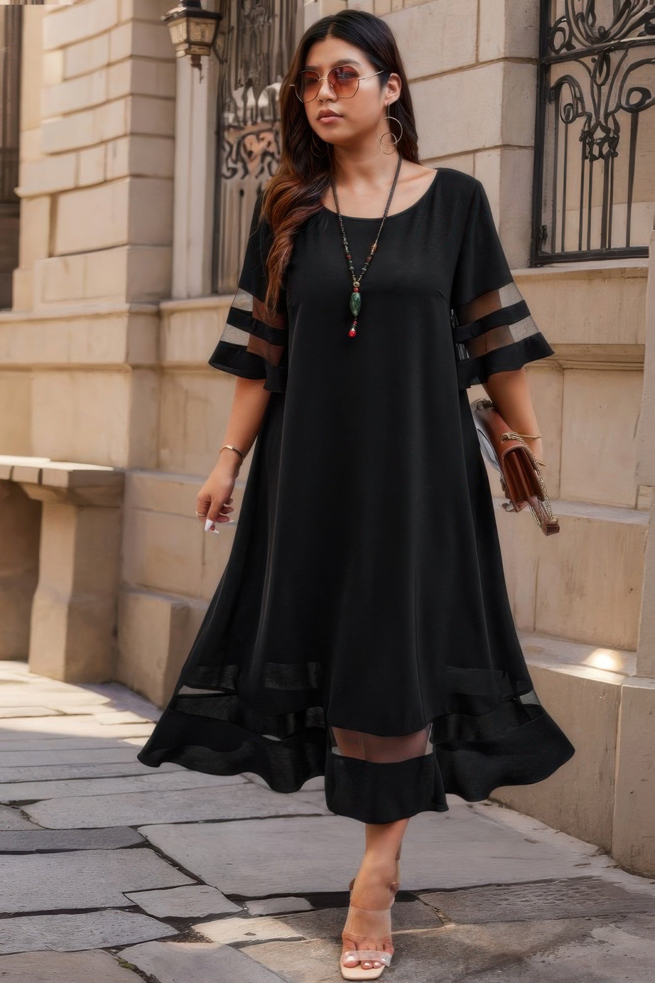 Plus Size Mesh Splicing Round Neck Long Dress product image