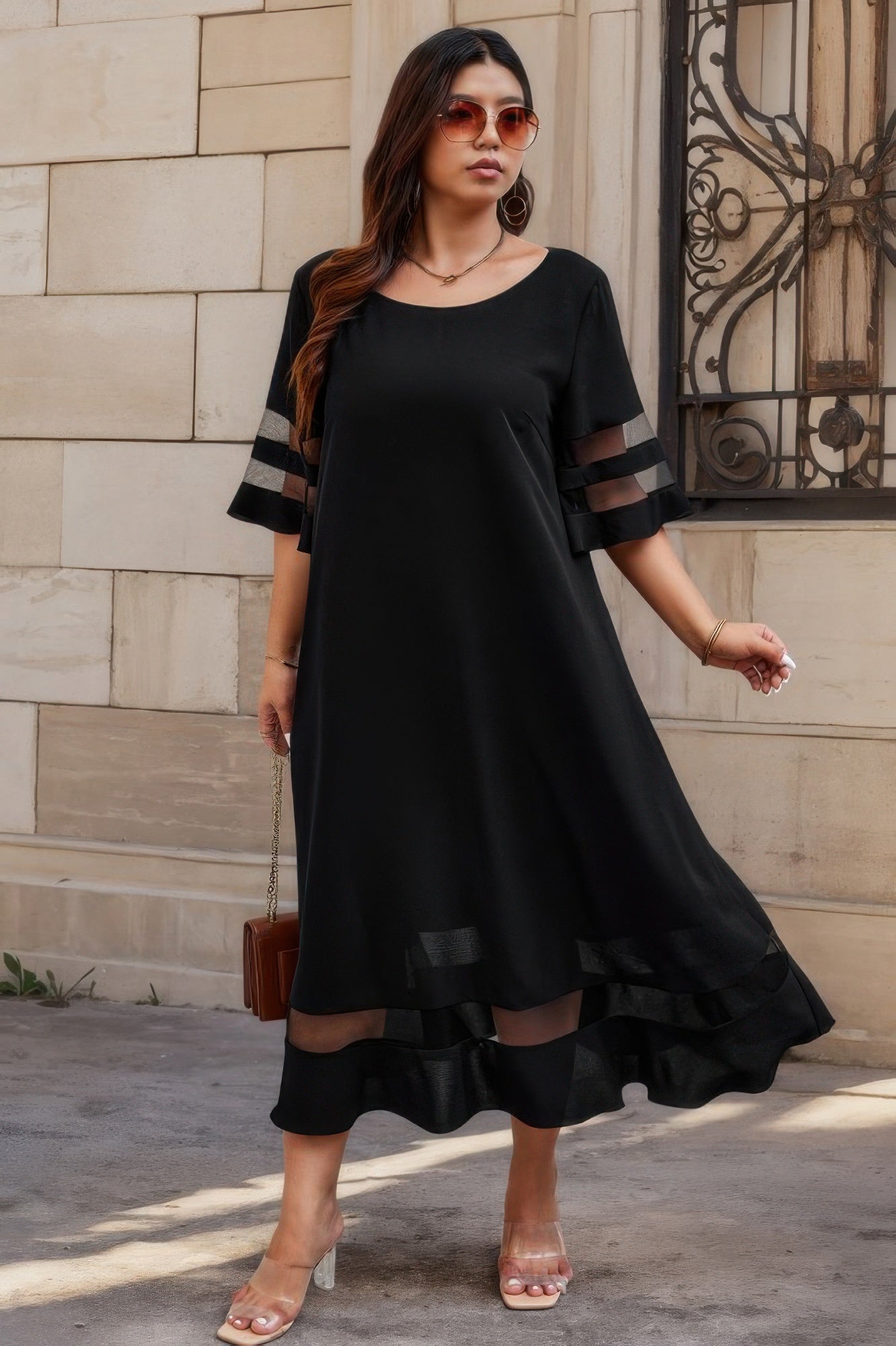 Plus Size Mesh Splicing Round Neck Long Dress product image