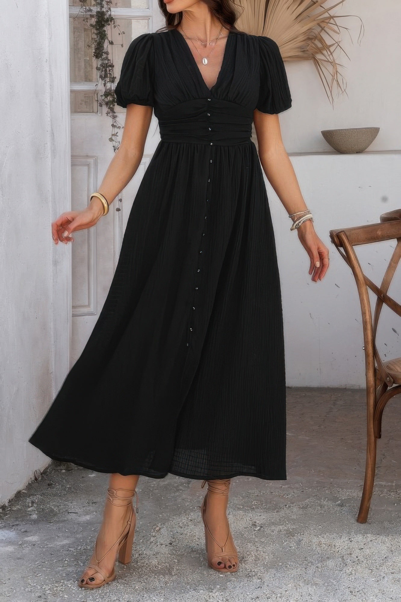 Solid V Neck Puff Sleeves Solid Knot Detail Dress product image