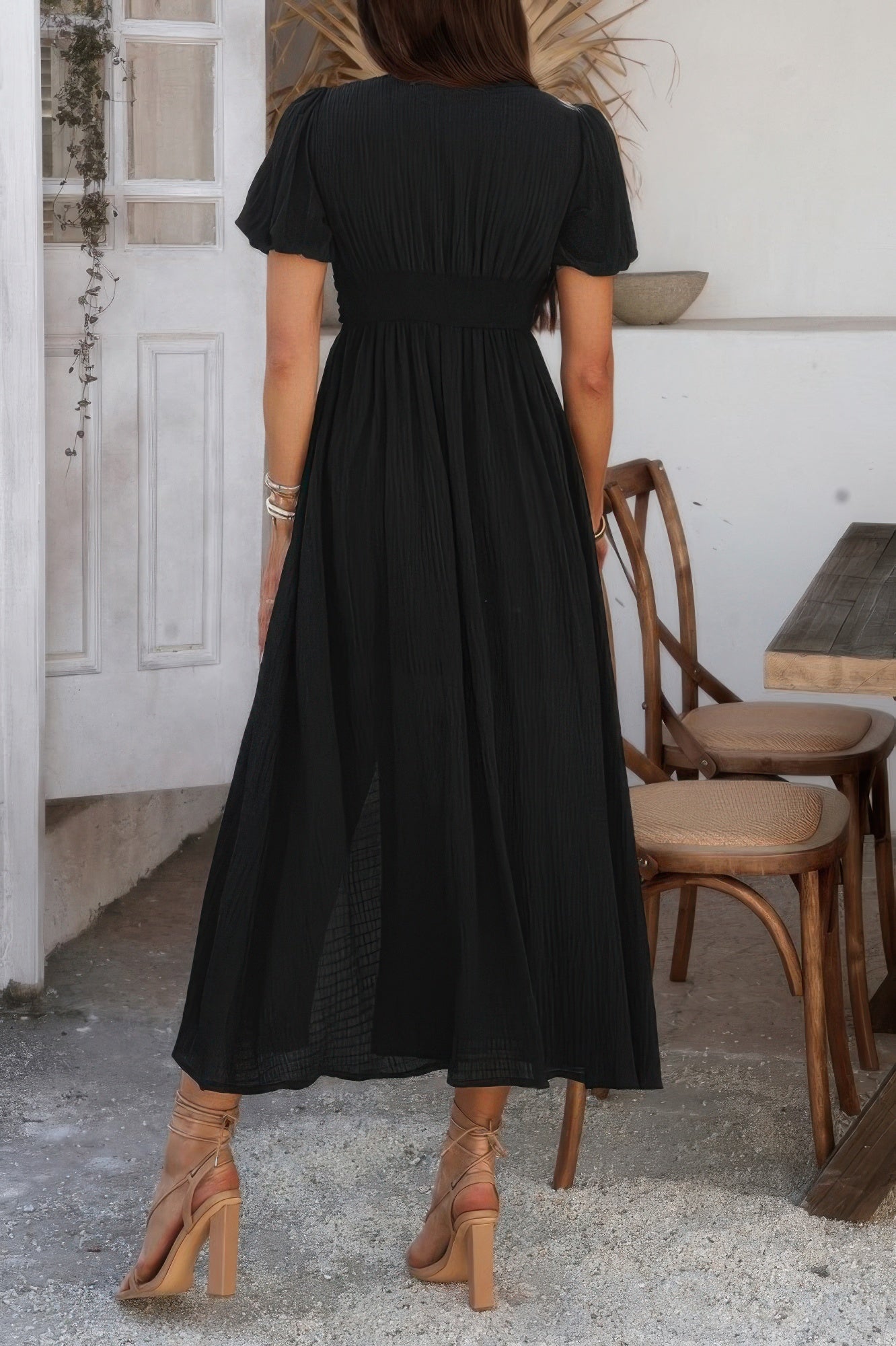 Solid V Neck Puff Sleeves Solid Knot Detail Dress product image