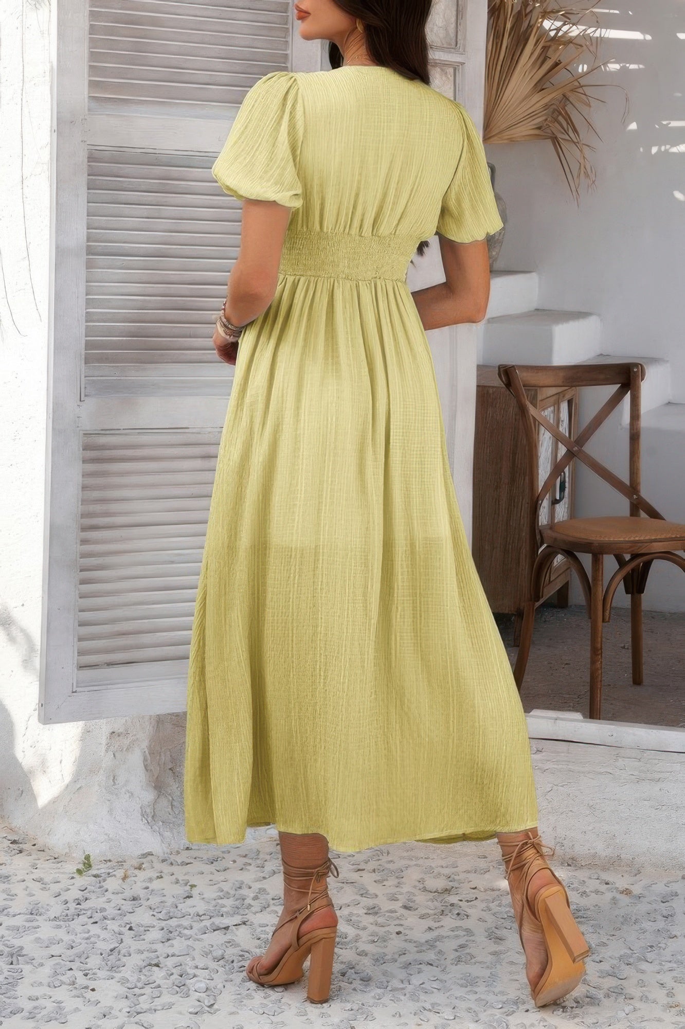 Solid V Neck Puff Sleeves Solid Knot Detail Dress product image