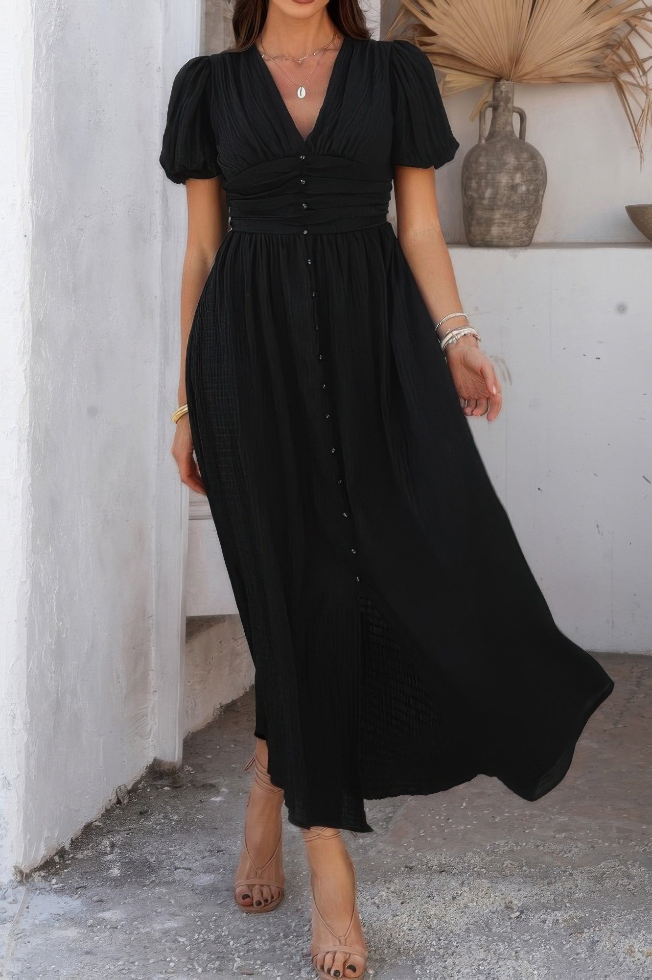 Solid V Neck Puff Sleeves Solid Knot Detail Dress product image
