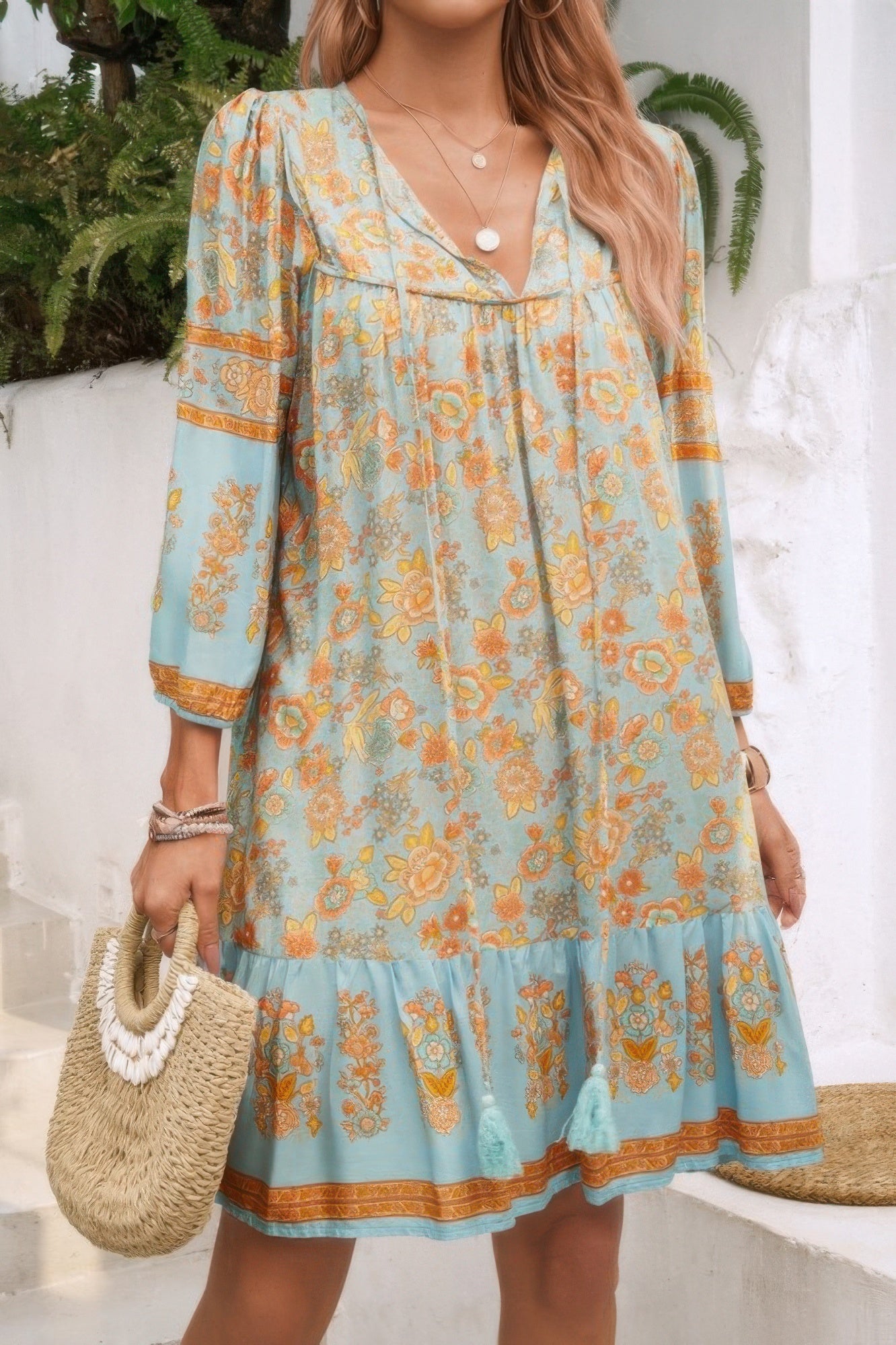 Ruched Bohe Print V Neck Ruffle Hem Tassel Dress product image