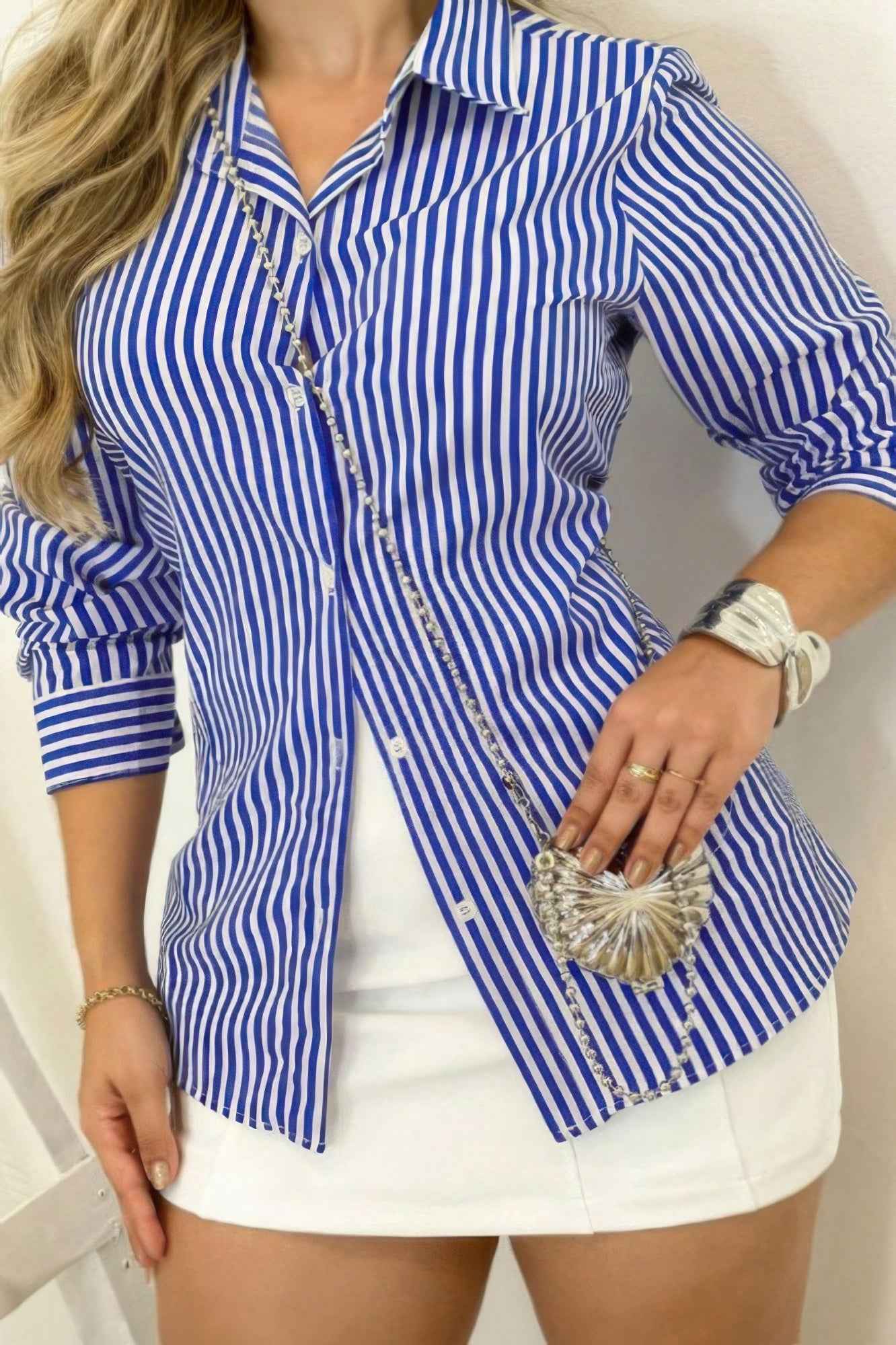 Plus Strip Button Up Fit Front Open Blouse Plus Strip Button Up Fit Front Open Blouse