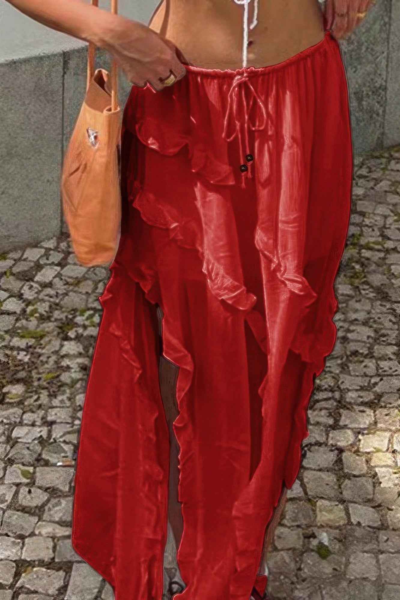 Solid Ruffle Drawstring Waist Asymmetry Hem Skirt Solid Ruffle Drawstring Waist Asymmetry Hem Skirt