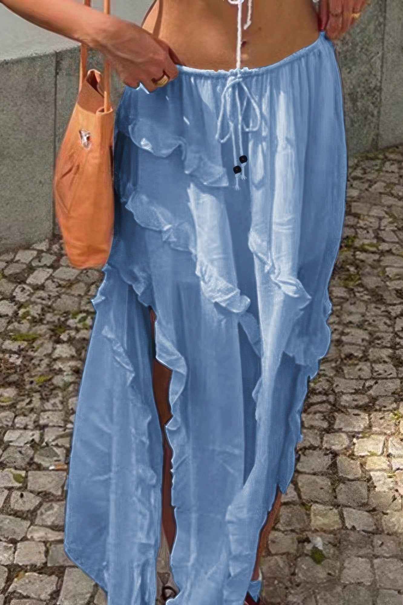 Solid Ruffle Drawstring Waist Asymmetry Hem Skirt Solid Ruffle Drawstring Waist Asymmetry Hem Skirt