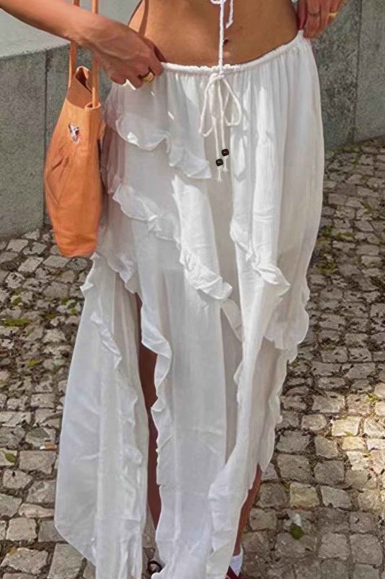 Solid Ruffle Drawstring Waist Asymmetry Hem Skirt Solid Ruffle Drawstring Waist Asymmetry Hem Skirt