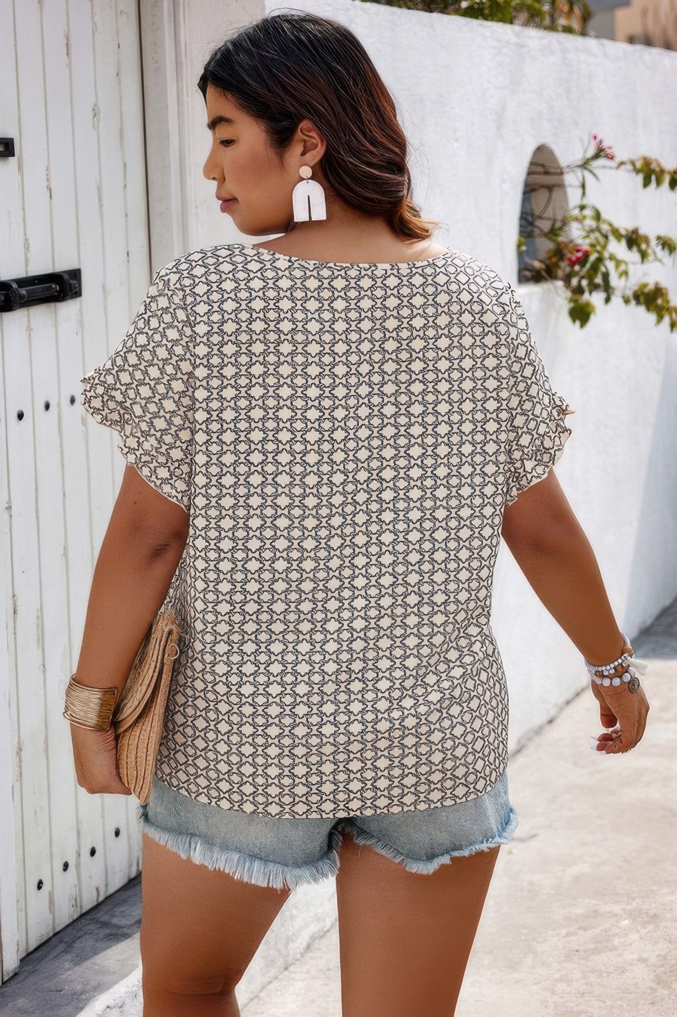 Round Neck Allover Print Ruffle Sleeves Loose Top product image