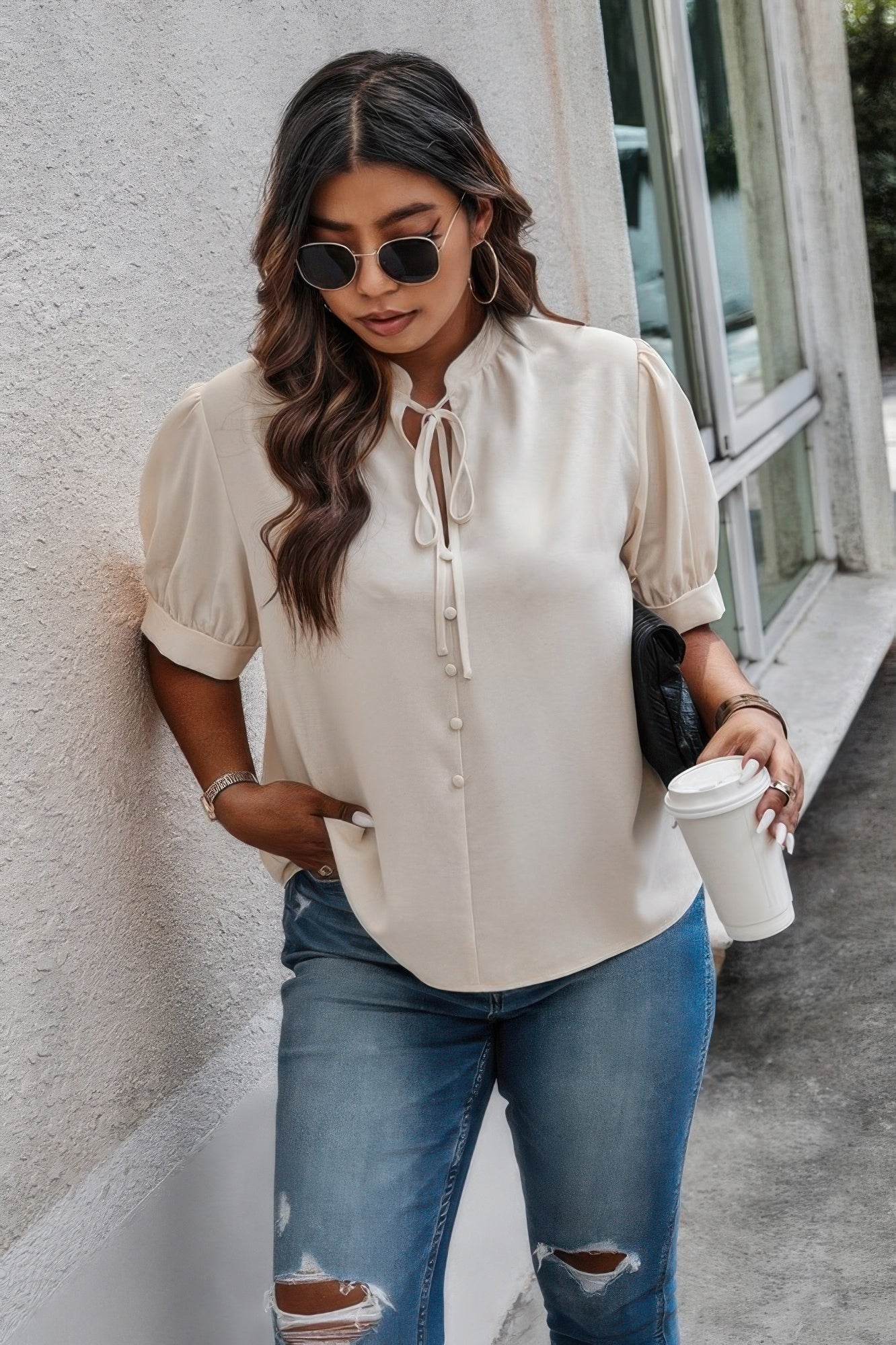 Plus Size Cross Neck Puff Sleeves Solid Button Top product image