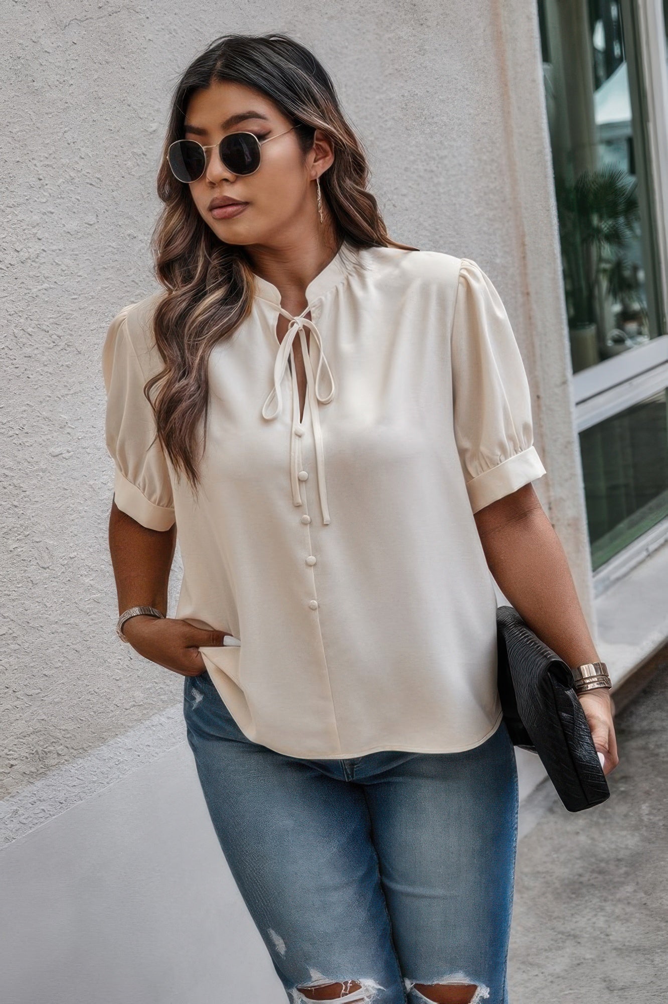 Plus Size Cross Neck Puff Sleeves Solid Button Top product image