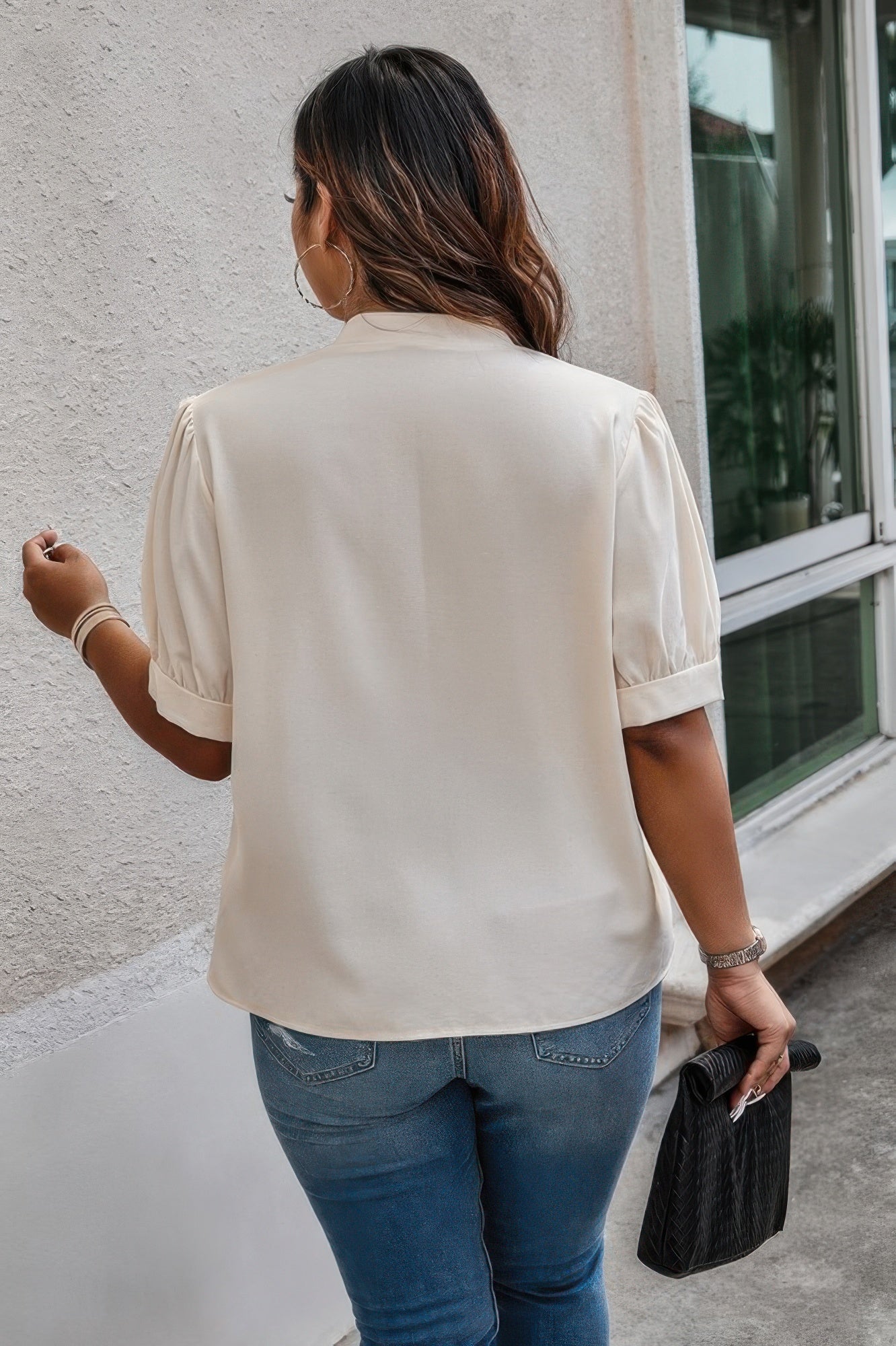 Plus Size Cross Neck Puff Sleeves Solid Button Top product image