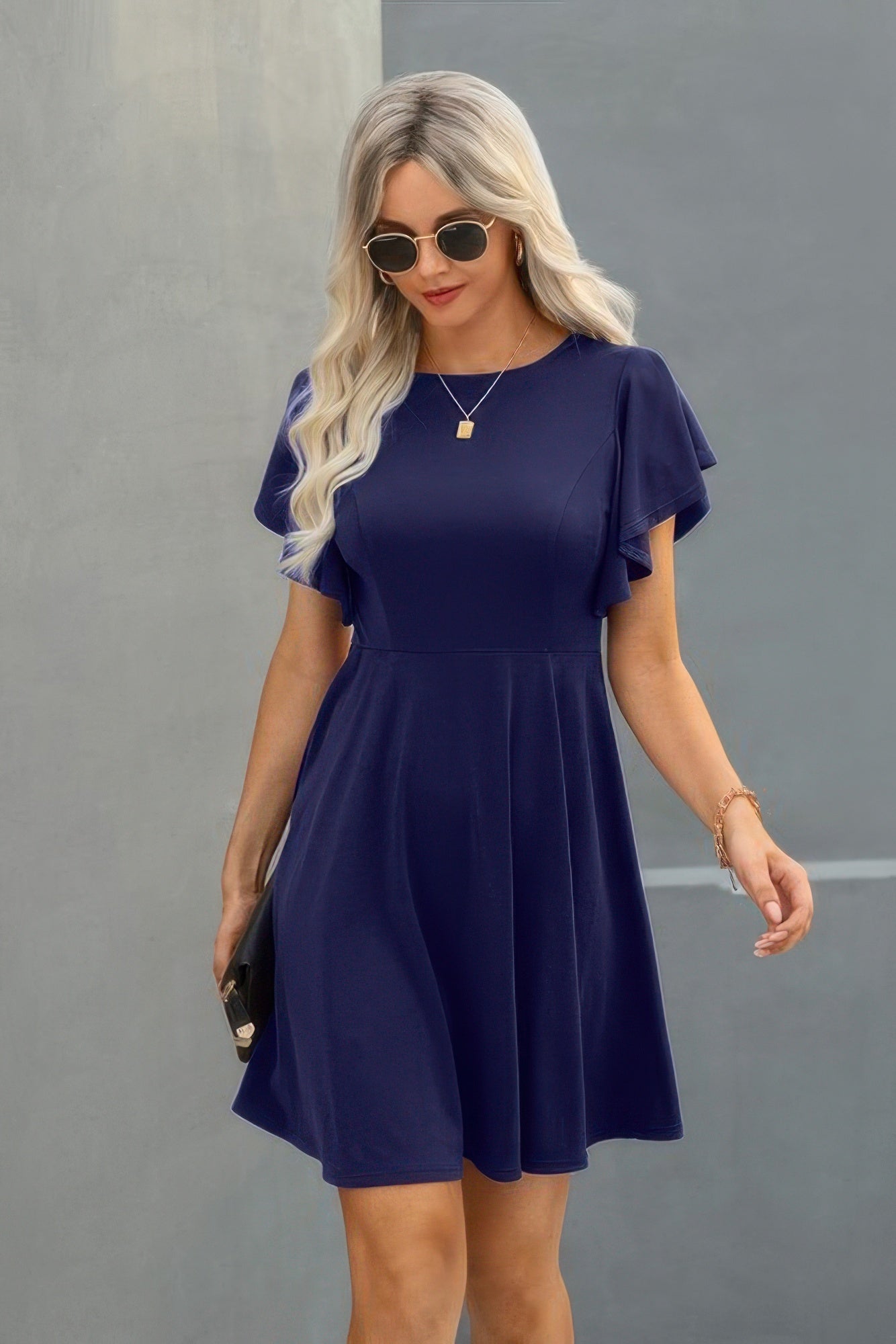 Crew Neck Ruffled Short Sleeve Solid Dress product image