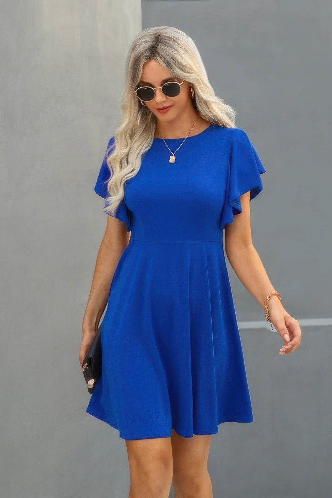 Crew Neck Ruffled Short Sleeve Solid Dress product image