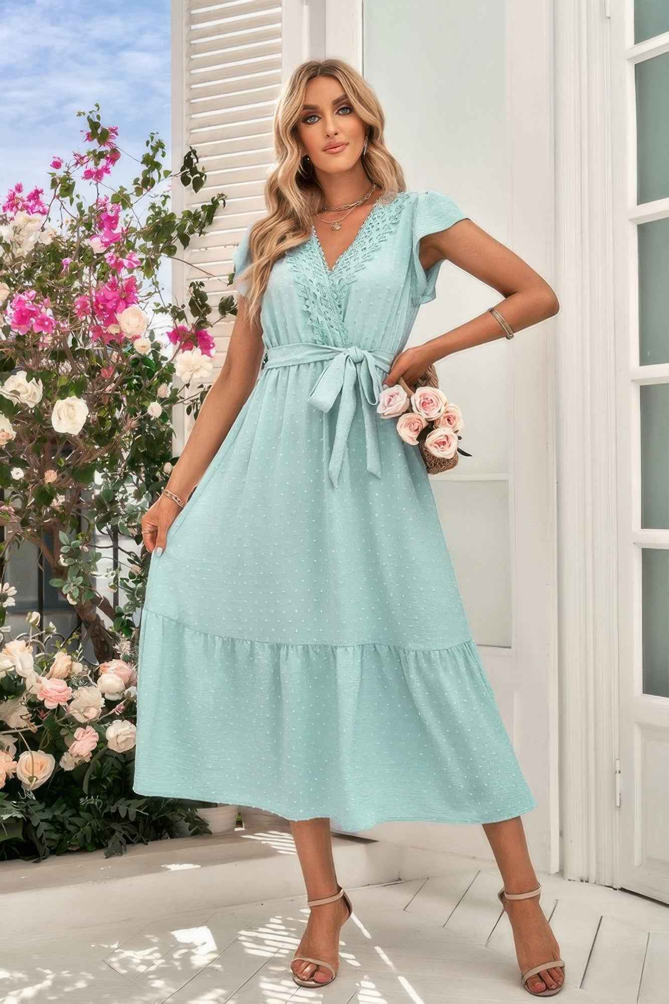 Solid Deep V Dot Lace Belt Long Dress Solid Deep V Dot Lace Belt Long Dress
