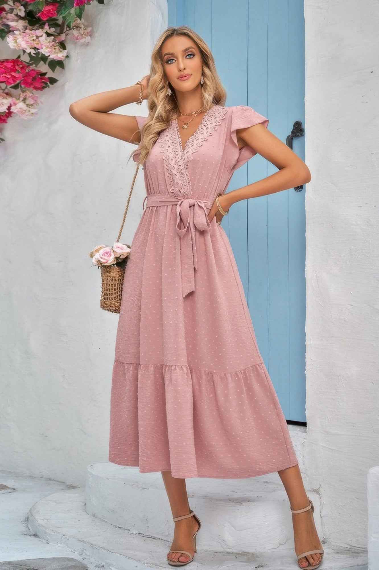 Solid Deep V Dot Lace Belt Long Dress Solid Deep V Dot Lace Belt Long Dress