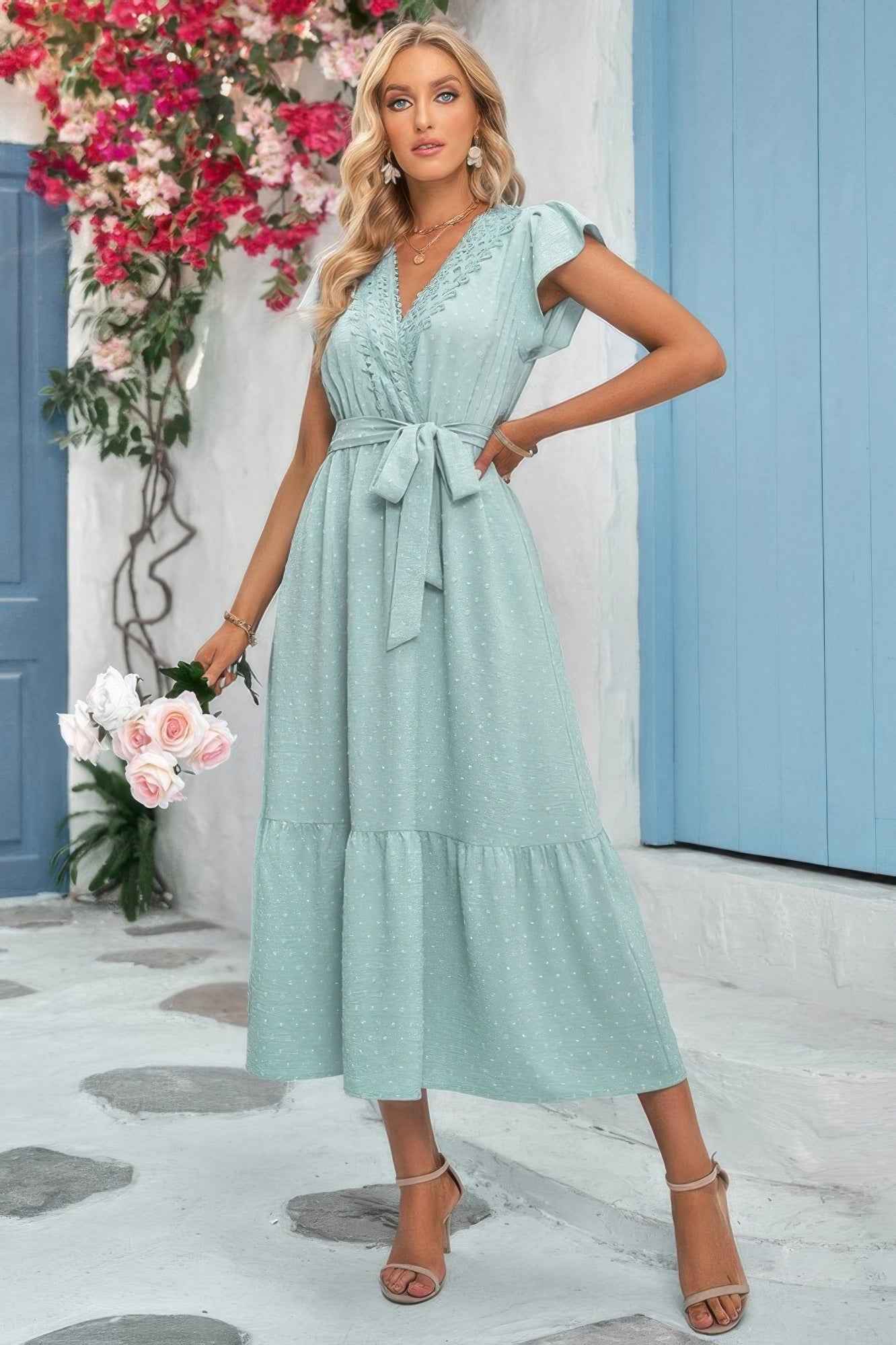 Solid Deep V Dot Lace Belt Long Dress Solid Deep V Dot Lace Belt Long Dress